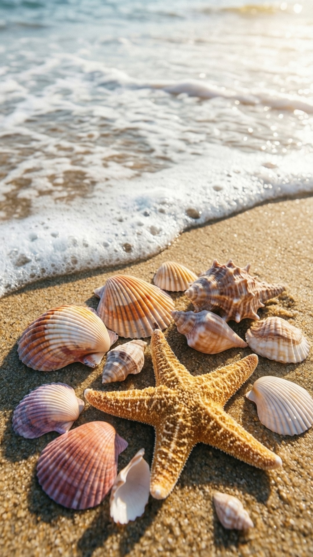 Seashells on Sand 壁紙 — 一隻金色海星和各種貝殼躺在陽光普照的沙灘上，溫柔的海浪緩緩湧來。