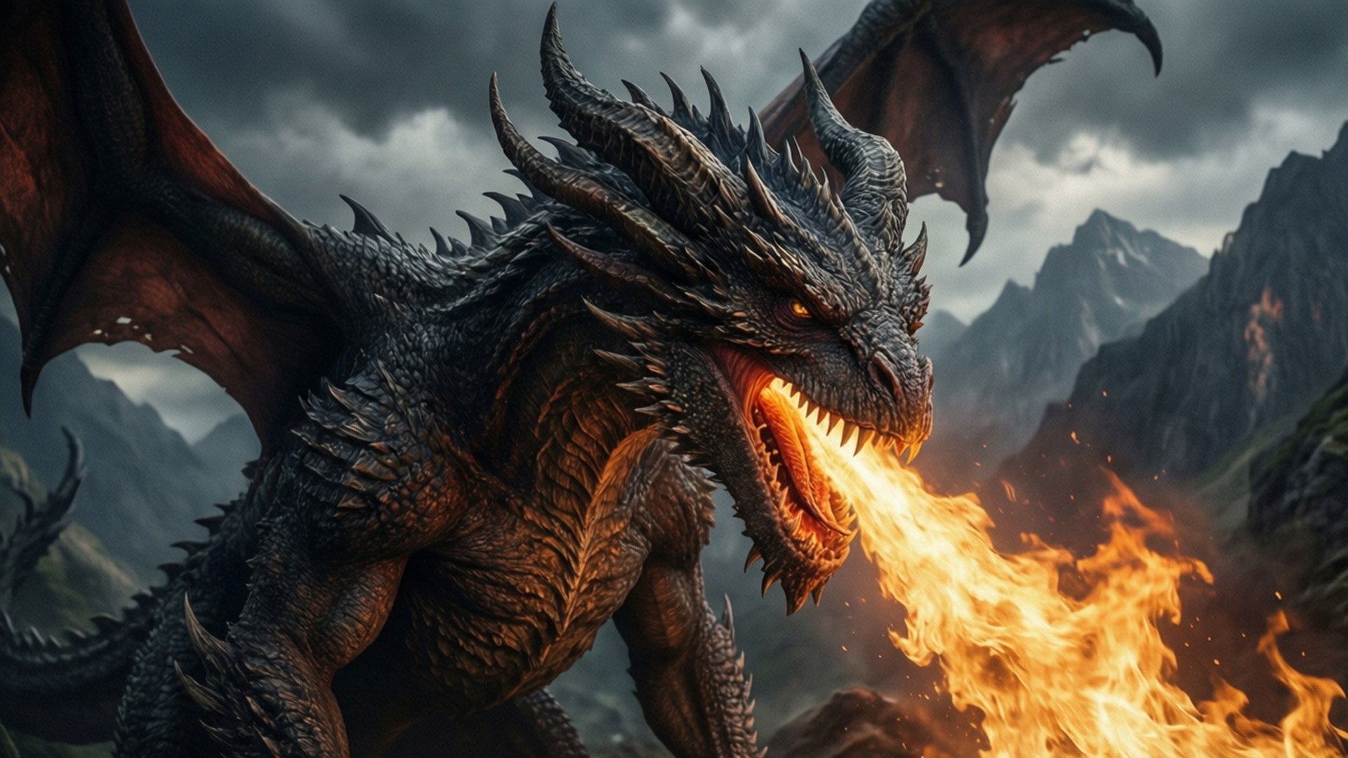 Horned Dragon 壁紙 — 一隻巨大的暗色鱗片龍，發著橙色光芒的眼睛，在暴風雨的天空下向崎嶇的山地景觀噴火。