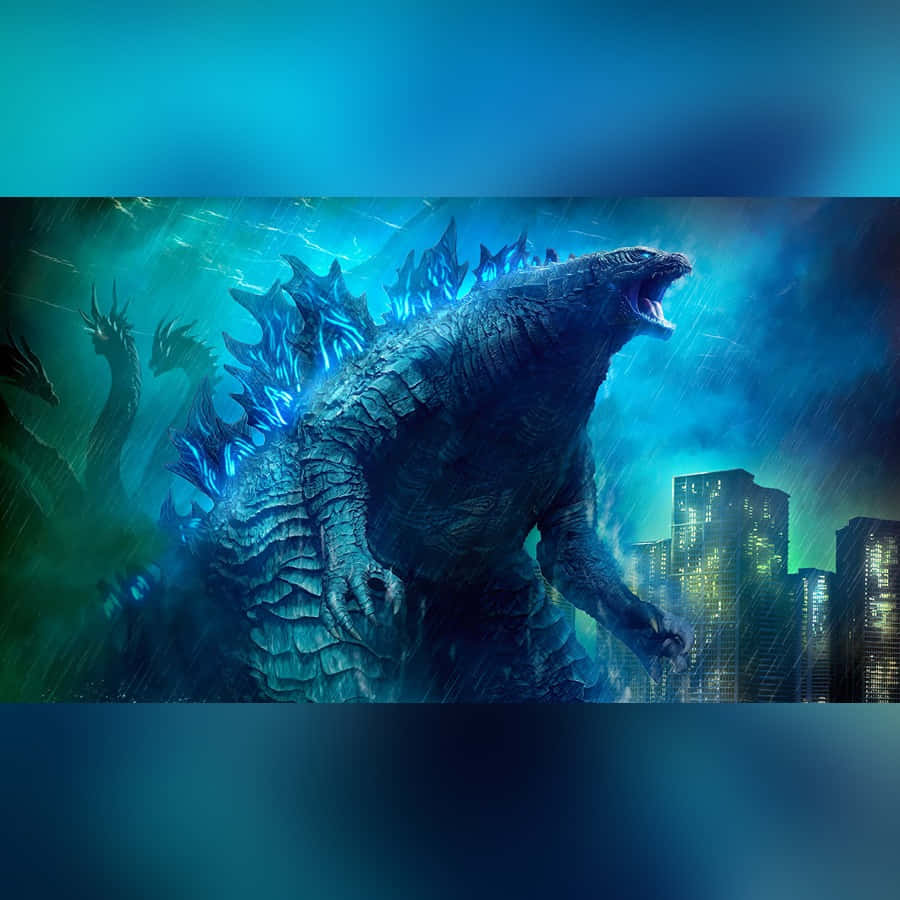 Godzilla City Destruction 桌布 壁紙 — 一隻巨大的哥吉拉在雨中的城市景觀中咆哮，背景有發光的藍色背鰭和高聳的摩天大樓。