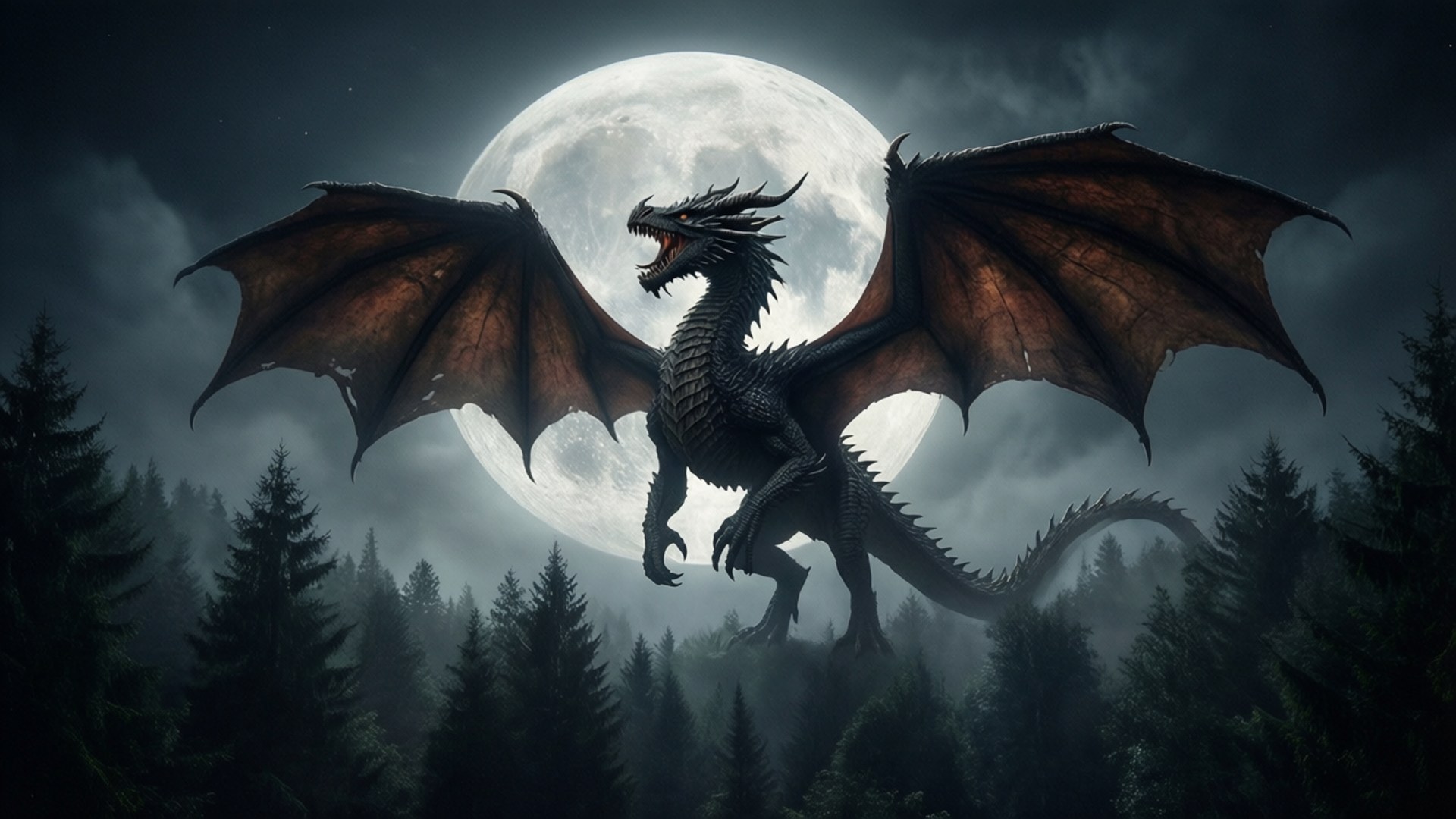 Dragon and Moon 壁紙 — 一隻巨大的黑色龍展開翅膀，在霧氣瀰漫的森林上咆哮，背景是一輪發光的滿月。