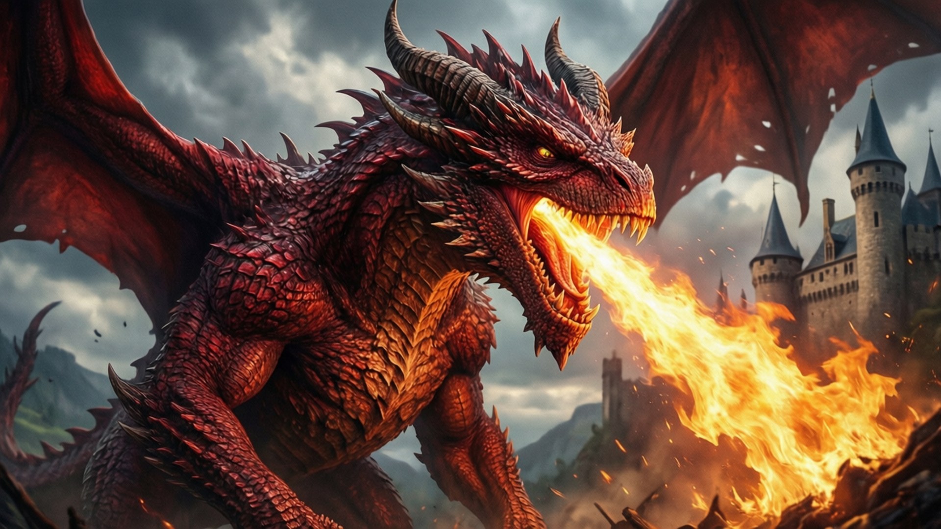 Dragon Devil Attack 壁紙 — 一隻巨大的紅龍，帶有尖刺鱗片和發光的眼睛，在暴風雨的天空下向石城堡噴火。