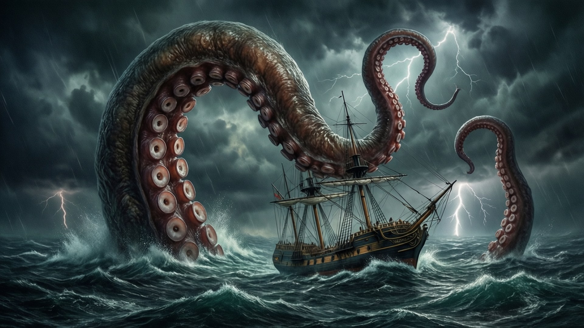 Kraken's Grip 壁紙 — 一隻巨大的克拉肯帶著巨大的觸手從波濤洶湧的大海中出現，在閃電下攻擊一艘木製帆船。
