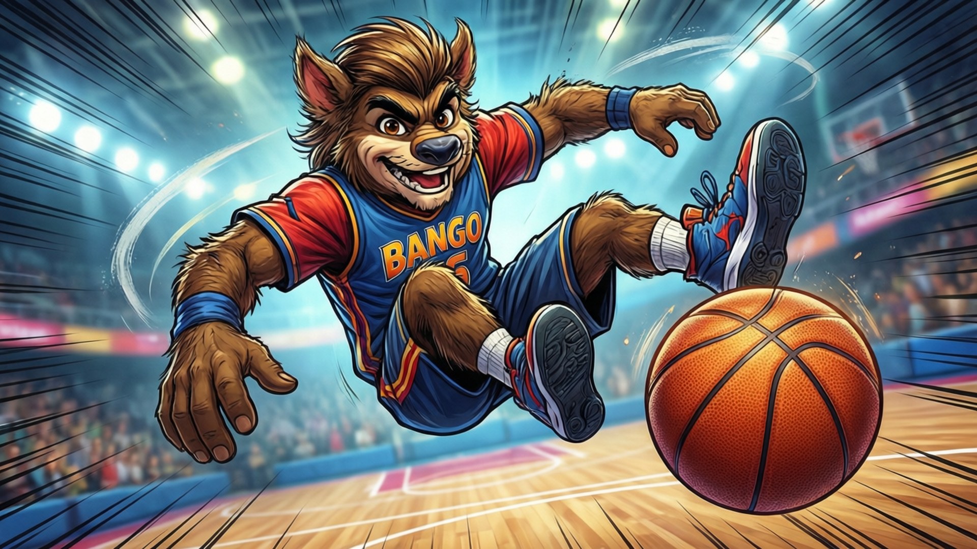 Bango Stunt Leap 壁紙 — 一隻卡通狼穿著藍色和紅色的球衣，在燈光明亮的球場上跳起灌籃。