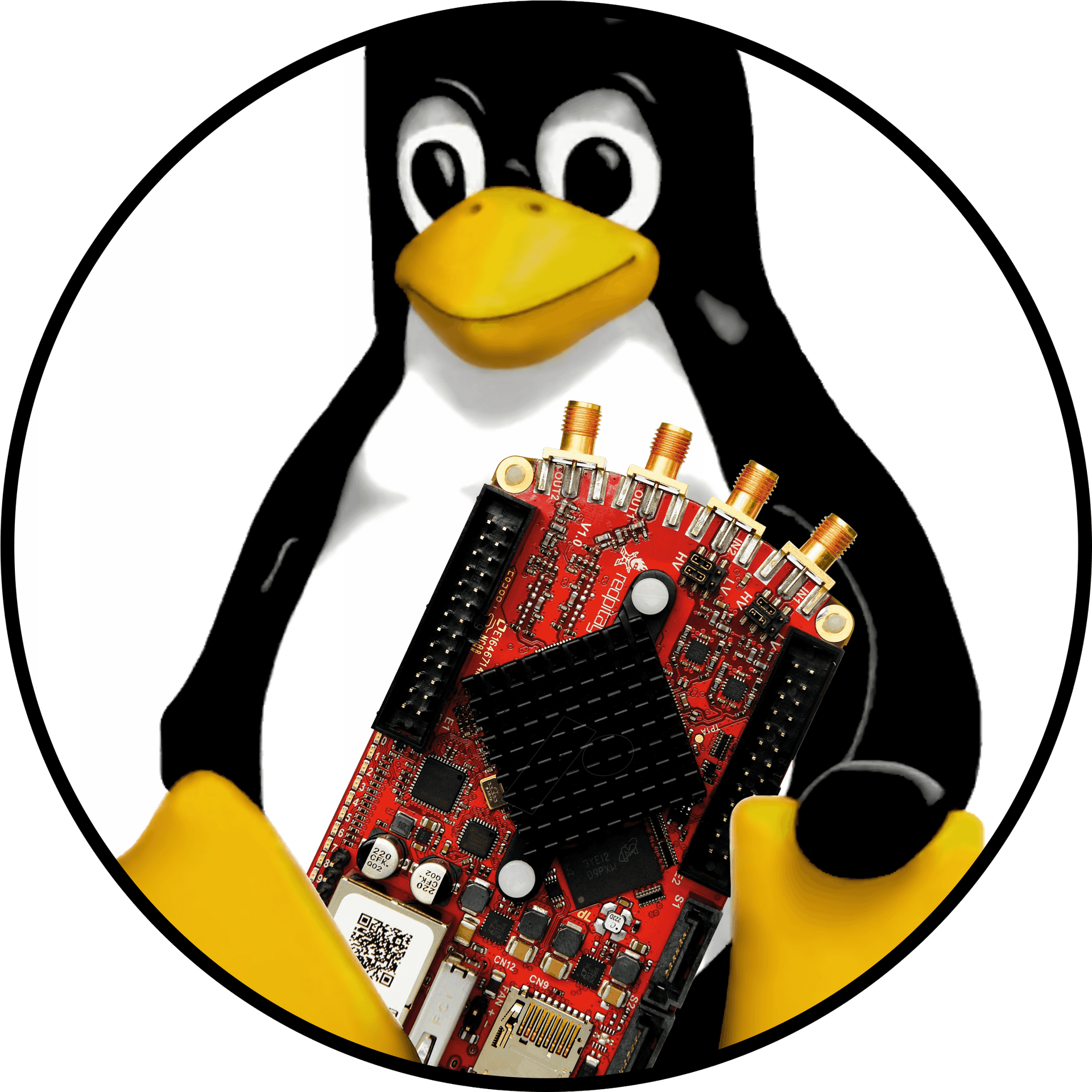 Linux 企鵝拿著一塊紅色電路板，上面有金色天線。 — Linux 壁紙