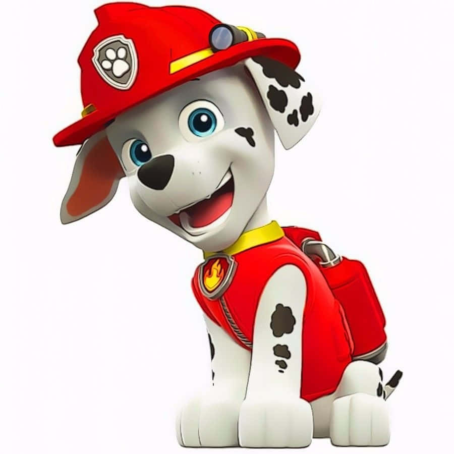  壁紙 — 一隻開心的動畫大麥町幼犬，穿著紅色消防員制服、頭盔和背包，在白色背景前燦爛微笑。