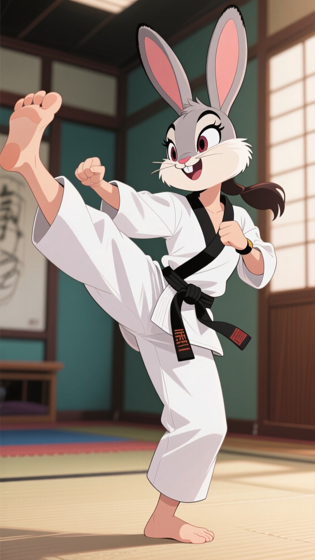 Martial Arts Lola 壁紙 — 一隻開心的動畫兔子穿著白色空手道服，繫著黑帶，在傳統道場中表演高踢。