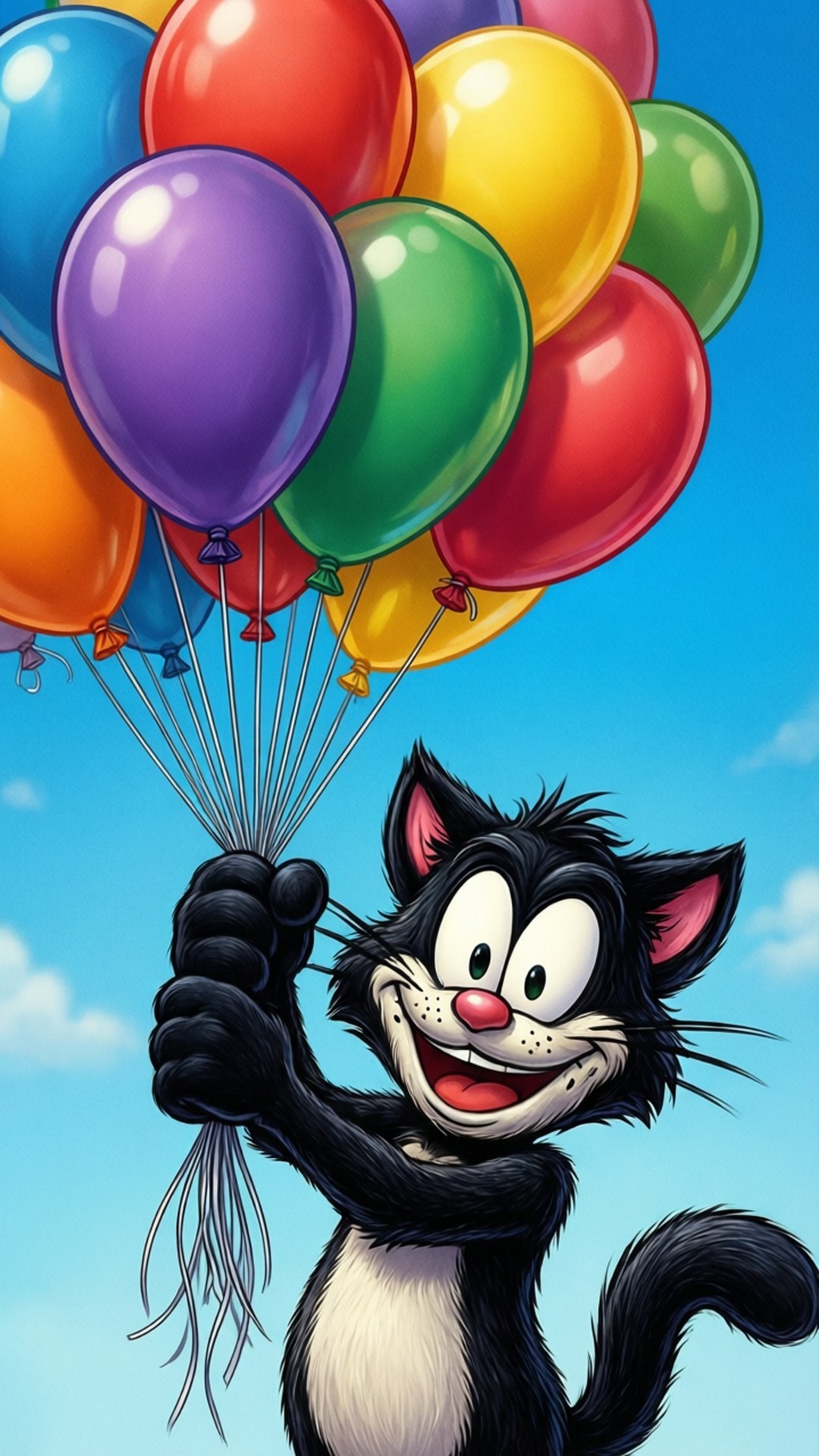 Balloon Joy Felix 壁紙 — 一隻開心的黑色卡通貓咪，白色胸口，拿著一束色彩繽紛的氣球，背景是明亮的藍天。