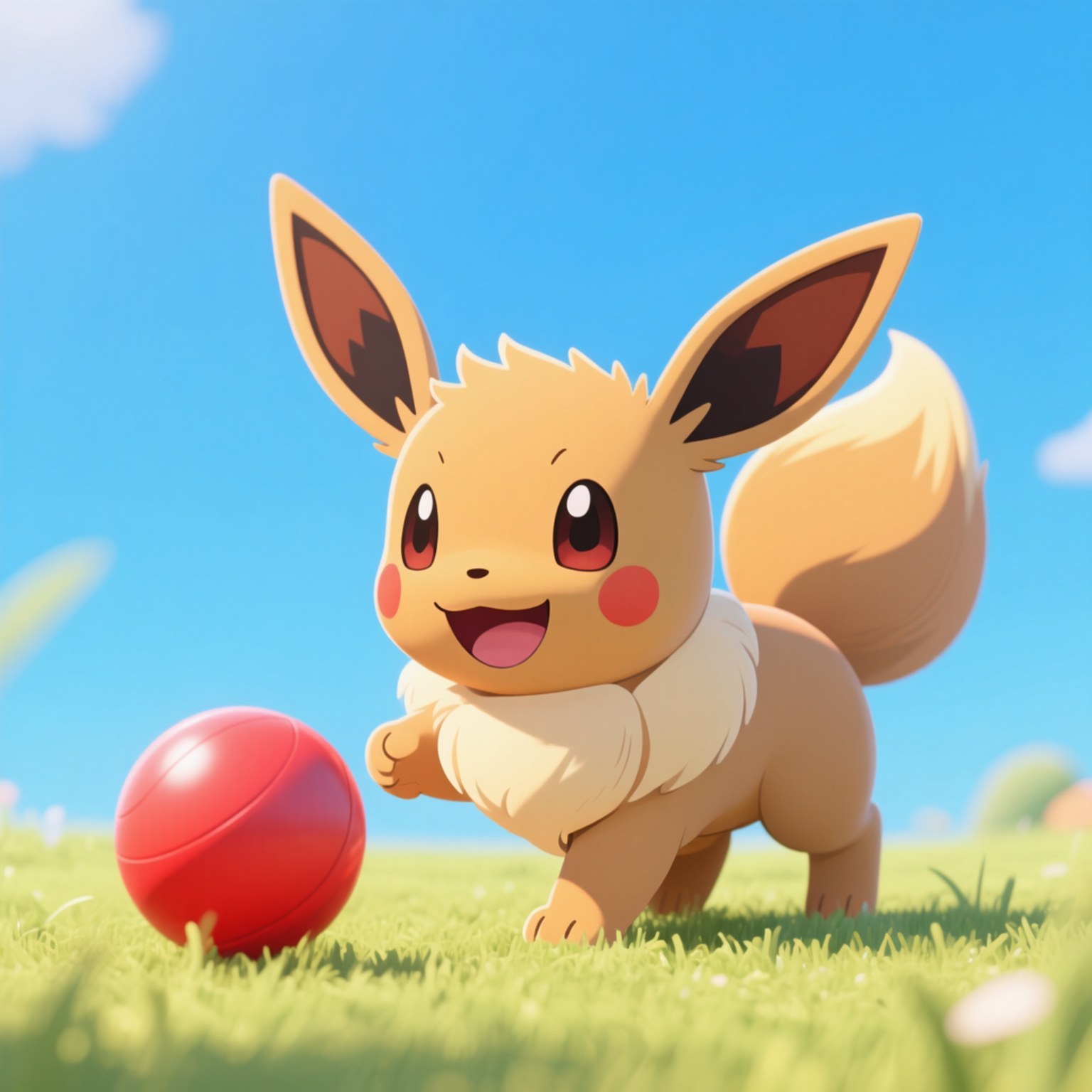 Playful Eevee with Ball 壁紙 — 一隻開心的伊布站在草地上，旁邊有一個紅色的球，背景是明亮的藍天和蓬鬆的白雲。