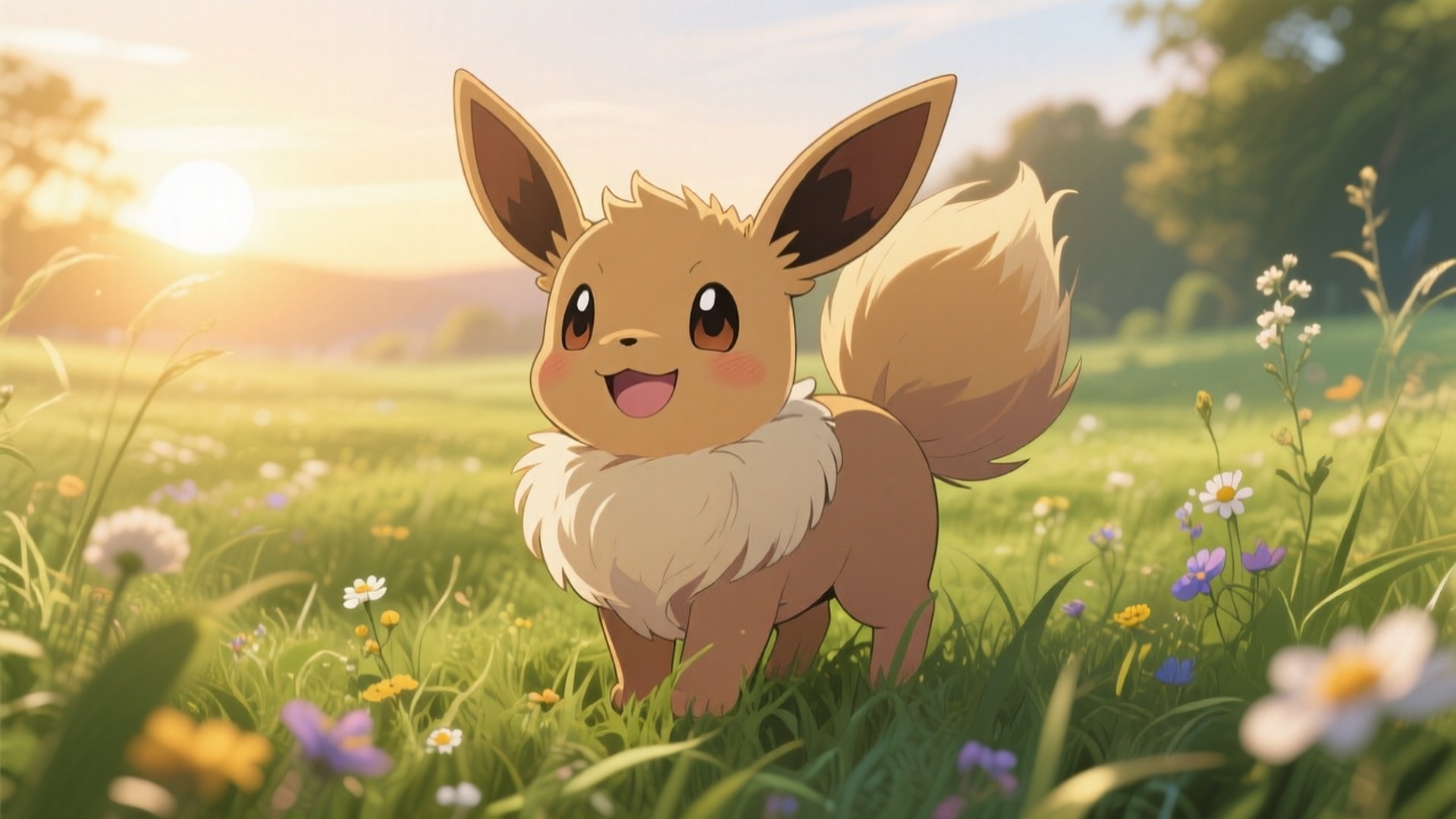 Eevee in Morning Meadow 壁紙 — 一隻開心的伊布站在陽光明媚的草地上，草地上開滿了色彩繽紛的野花，正值黃金時刻。