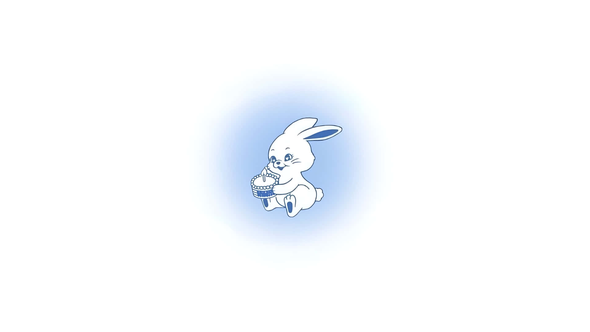  壁紙 — 一隻可愛的白色卡通兔，藍色內耳，拿著一個藍色籃子，背景是柔和的藍色發光光環，純白色背景。