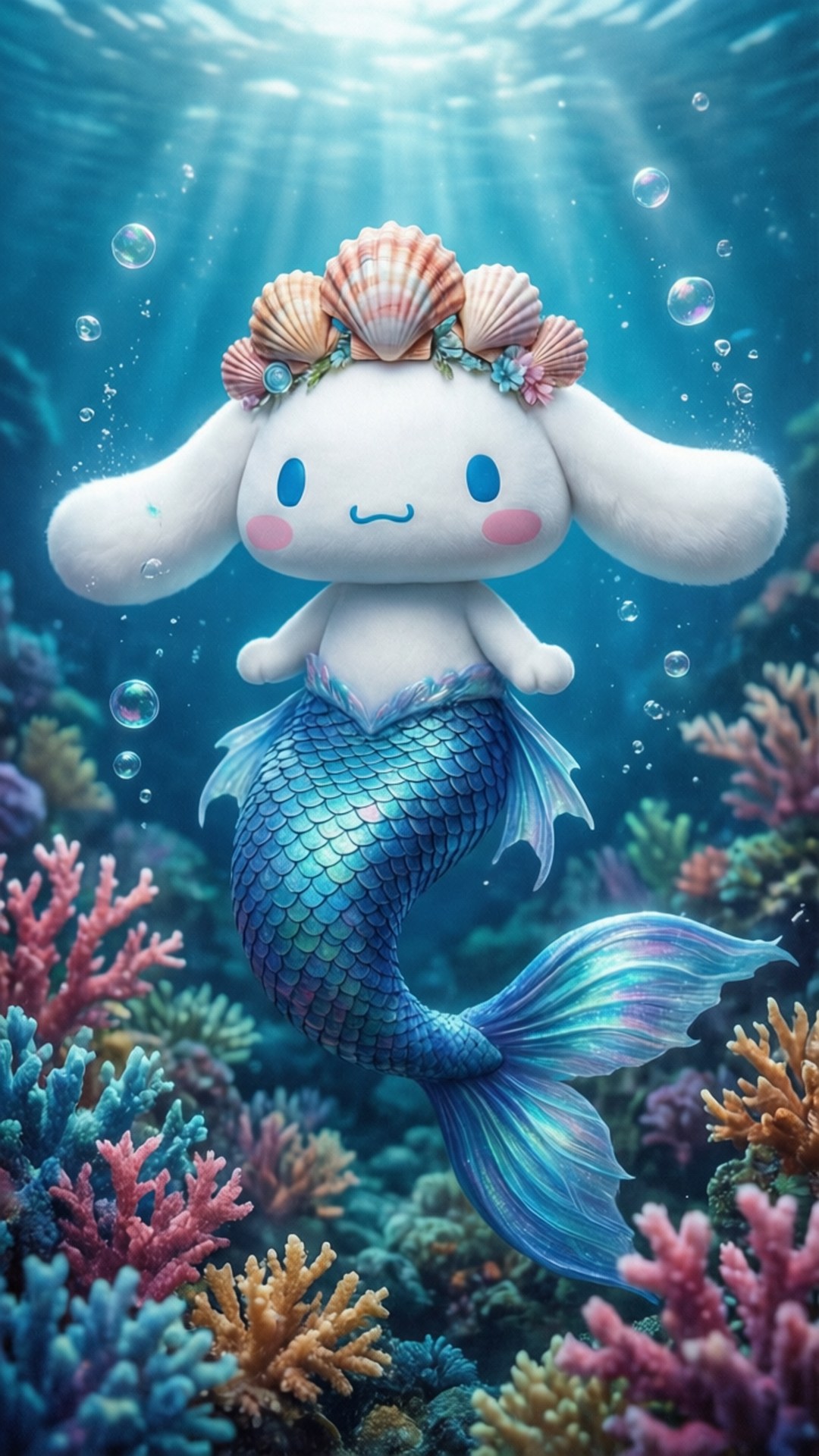 Mermaid Cinnamoroll 壁紙 — 一隻可愛的白兔美人魚戴著貝殼皇冠，在陽光照射的海水中游過色彩繽紛的珊瑚礁。