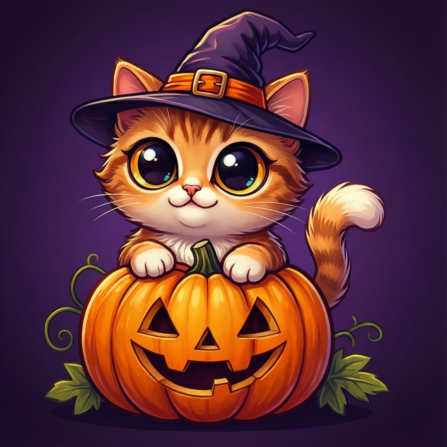 Free Cat For Cricut 桌布 壁紙 — 一隻可愛的橙色小貓戴著女巫帽，坐在微笑的南瓜上，背景是深紫色。