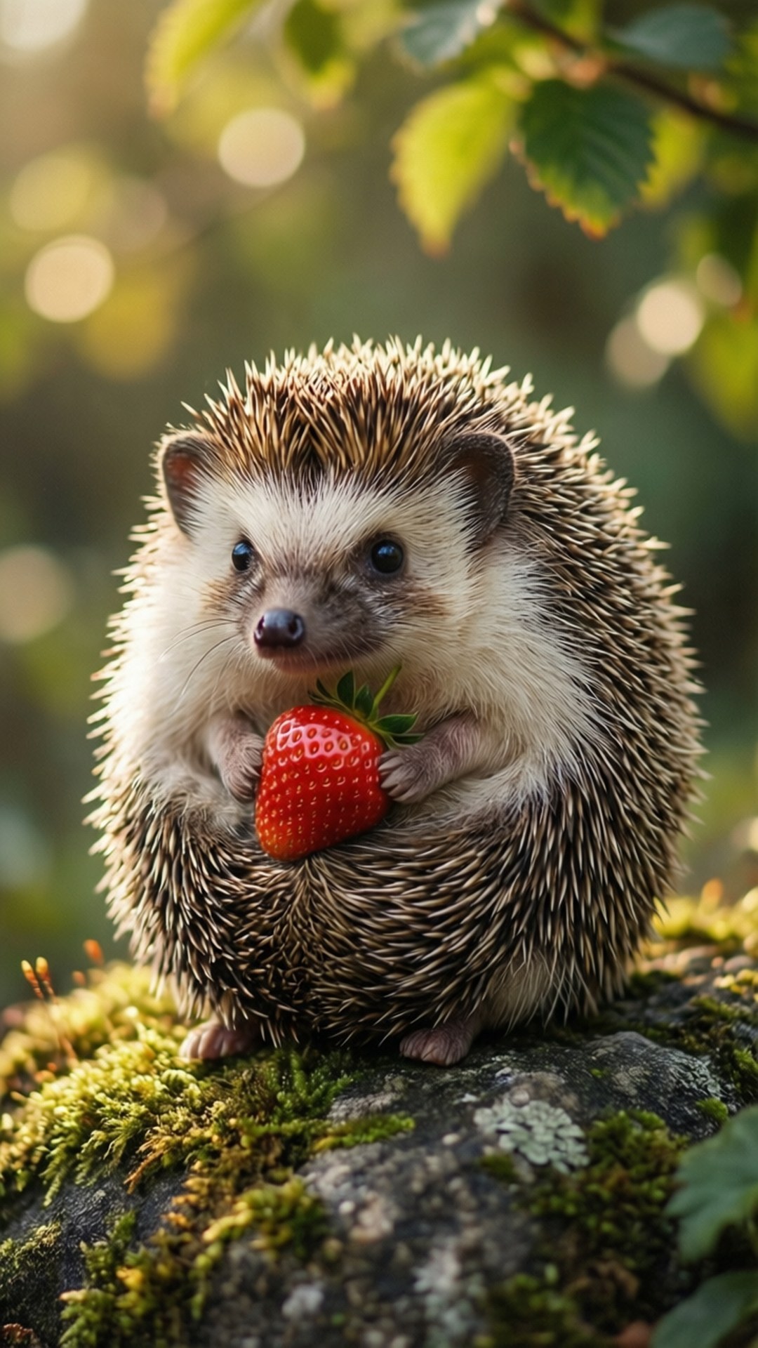 Hedgehog with Strawberry 壁紙 — 一隻可愛的刺蝟，有棕色和白色的刺，在斑駁的陽光下，在長滿苔蘚的石頭上拿著一顆鮮紅的草莓。