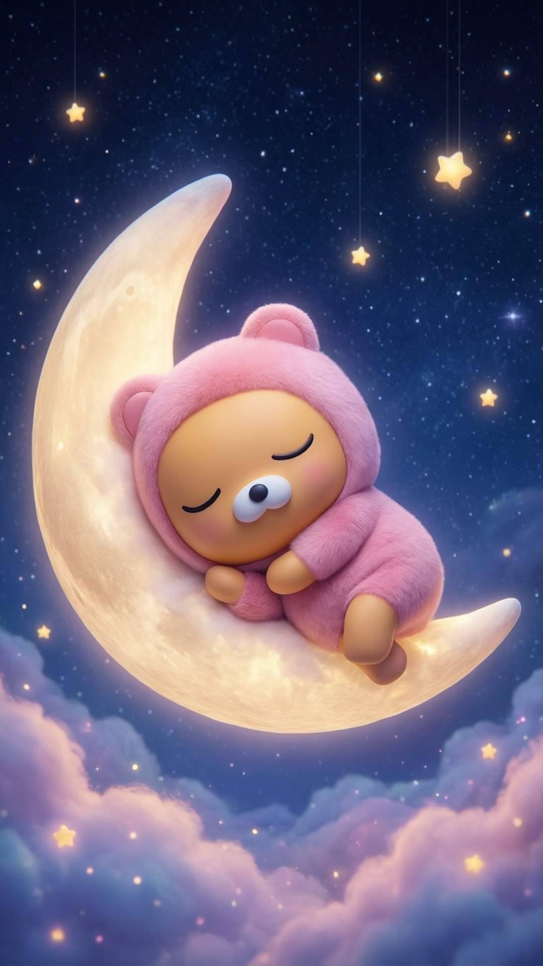 Apeach's Sweet Dream 壁紙 — 一隻可愛的粉紅色小熊穿著毛絨連身衣，在繁星點點的夜空下，於發光的彎月上安然入睡，伴隨著柔軟的雲朵。