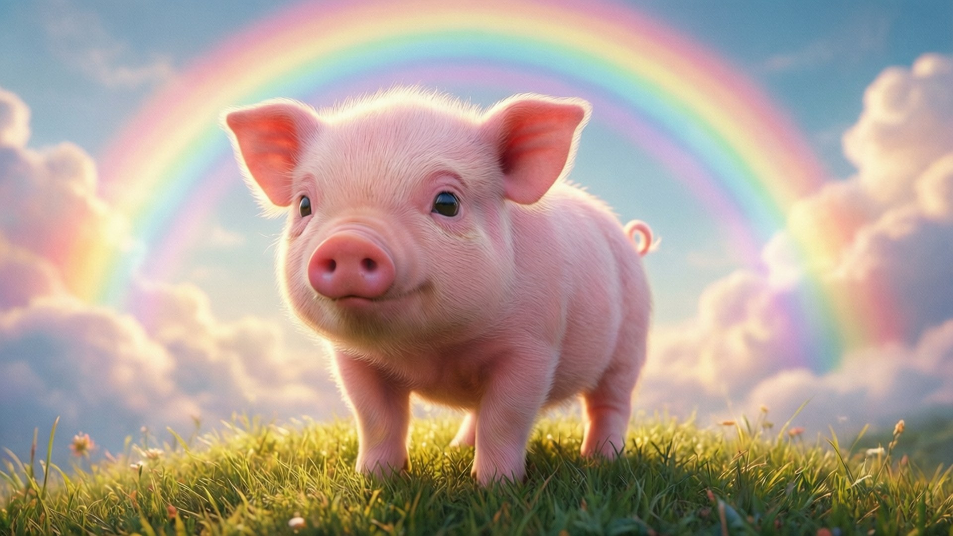 Rainbow Piglet 壁紙 — 一隻可愛的粉紅色小豬站在綠色的草地上，一道鮮豔的彩虹拱形橫跨多雲的天空。