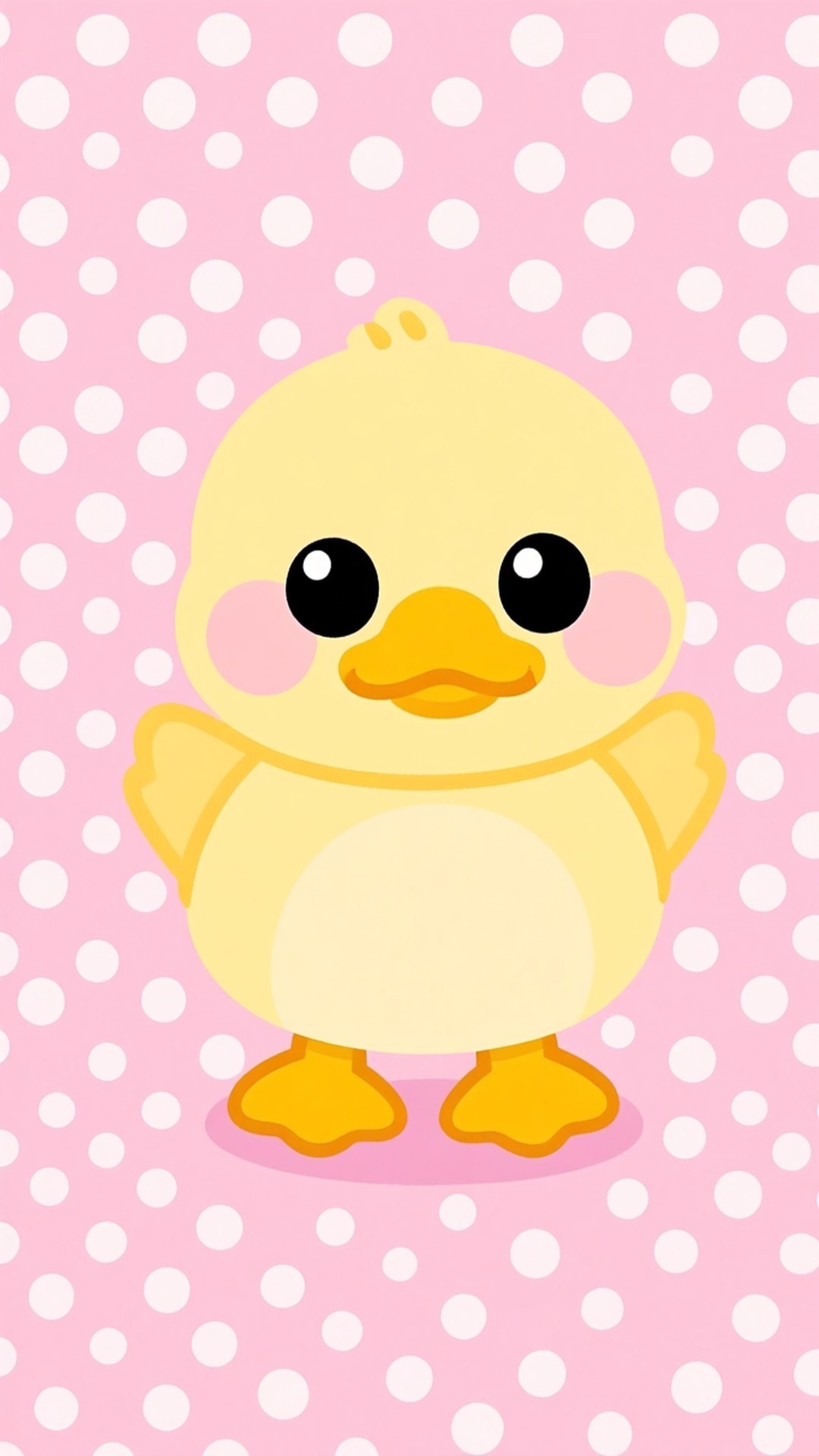 Kawaii Duckling Character 壁紙 — 一隻可愛的黃色卡通小鴨，有大大的黑色眼睛和粉紅色的臉頰，站在帶有白色圓點的粉紅色背景上。