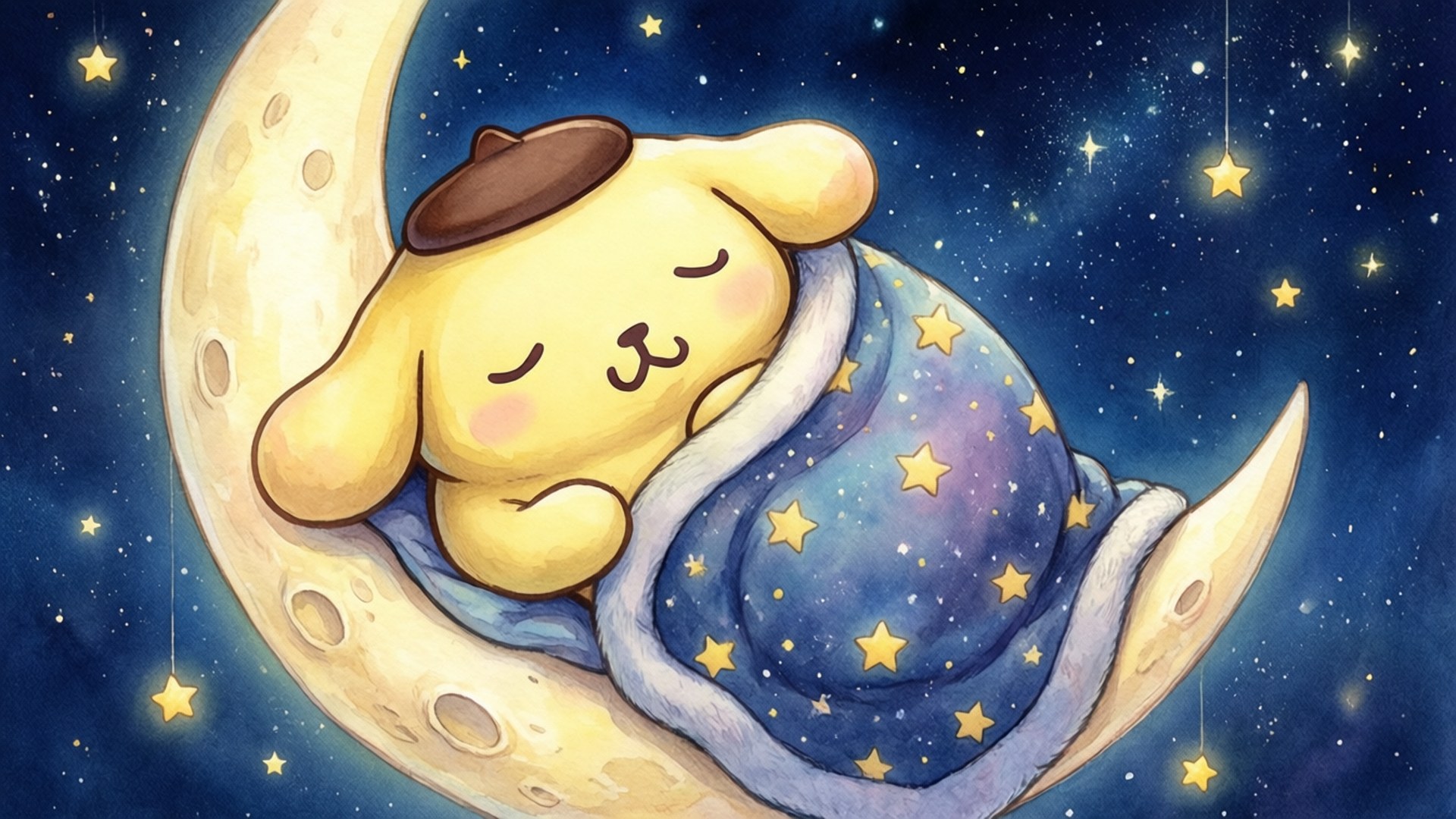 Moonlit Slumber Pompompurin 壁紙 — 一隻可愛的黃色小狗戴著棕色帽子，在星夜下安詳地睡在包裹著星星毯子的新月上。