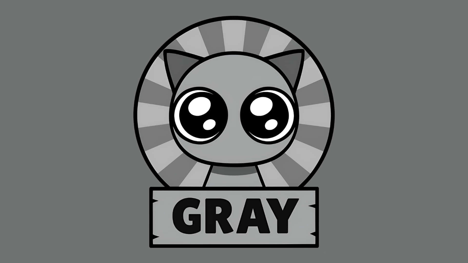  壁紙 — 一隻可愛的灰色卡通貓咪，大眼睛，坐在寫著「GRAY」的標誌上，背景為灰色。