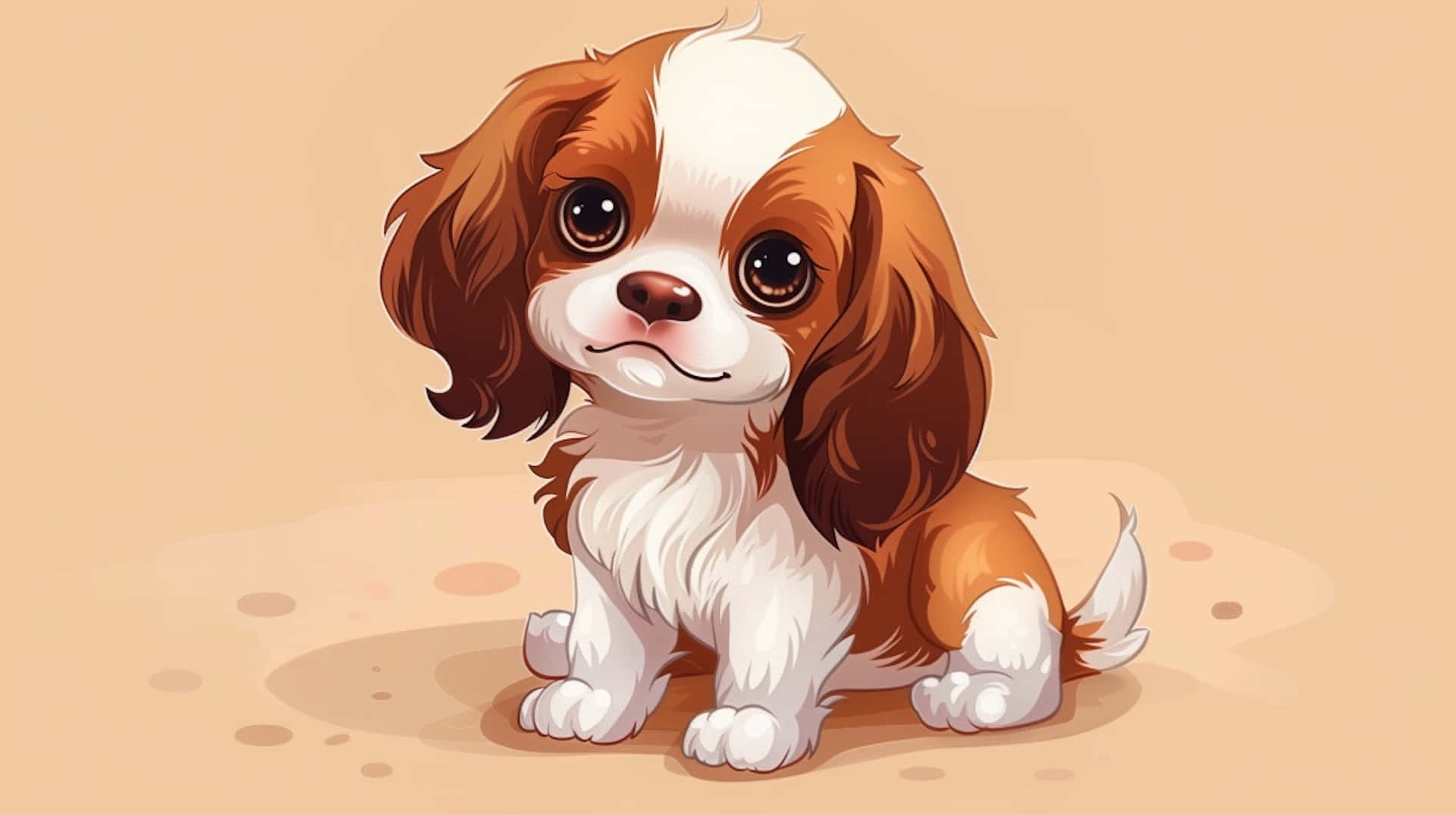  壁紙 — 一隻可愛的卡通卡瓦利亞國王查理斯犬小狗，擁有棕色和白色的毛髮，坐在沙地上，有著大大的表情豐富的眼睛。