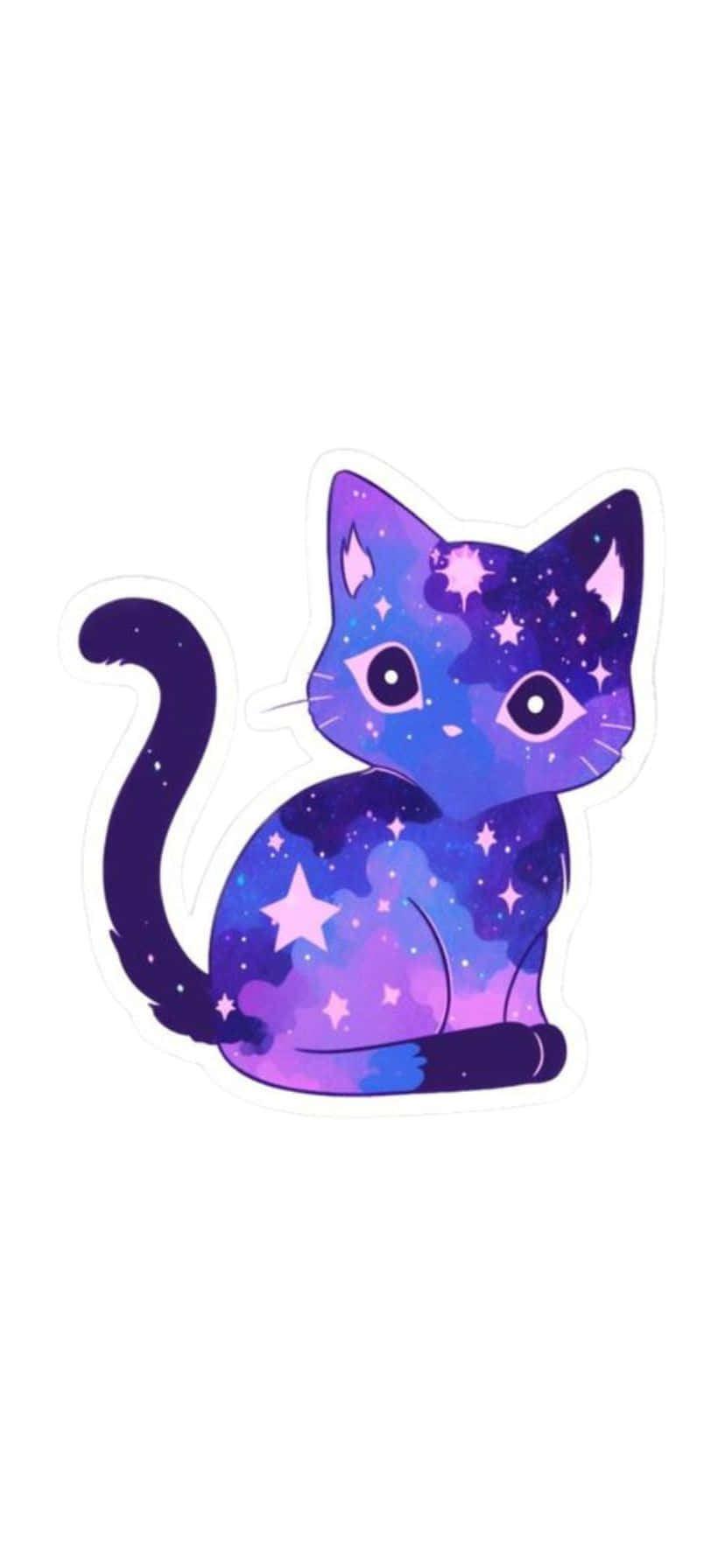  壁紙 — 一隻可愛的卡通貓，身上有紫色銀河圖案和星星，坐在白色背景前。