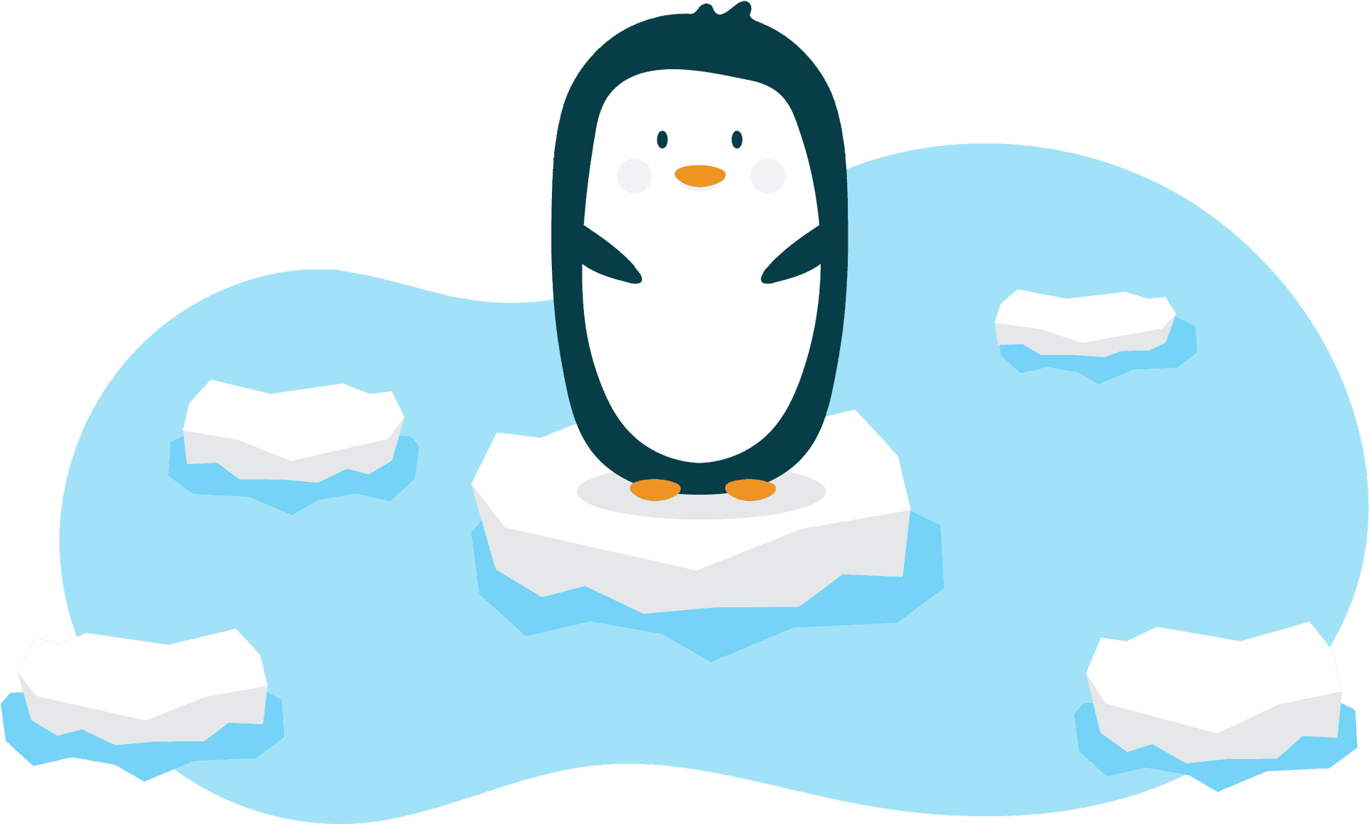 一隻卡通企鵝站在冰水中的冰塊上，周圍有漂浮的冰塊。 — Linux 壁紙
