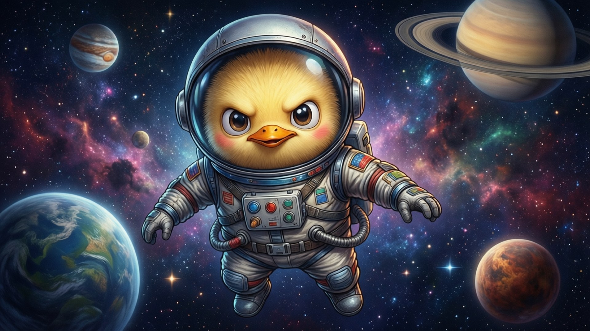 Astronaut Pekkle 壁紙 — 一隻可愛的卡通小雞穿著詳細的太空衣，在色彩繽紛的行星和發光的星雲之間漂浮在深空中。