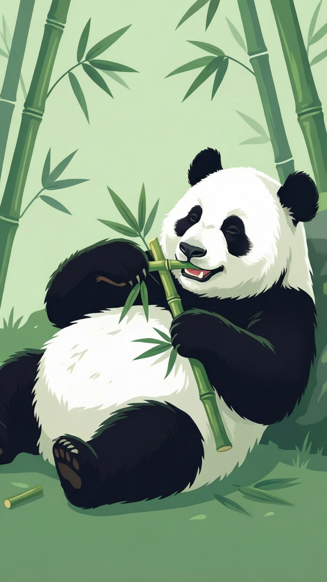 Panda Munching Bamboo 壁紙 — 一隻可愛的卡通熊貓開心地在茂密的綠色竹林裡啃竹子。