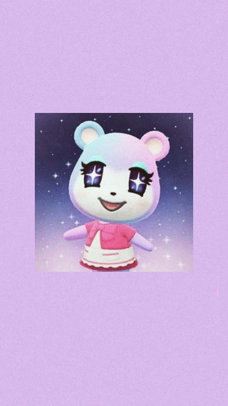  壁紙 — 一隻可愛的卡通熊，閃閃發光的眼睛，穿著粉紅色衣服，在星空下微笑。