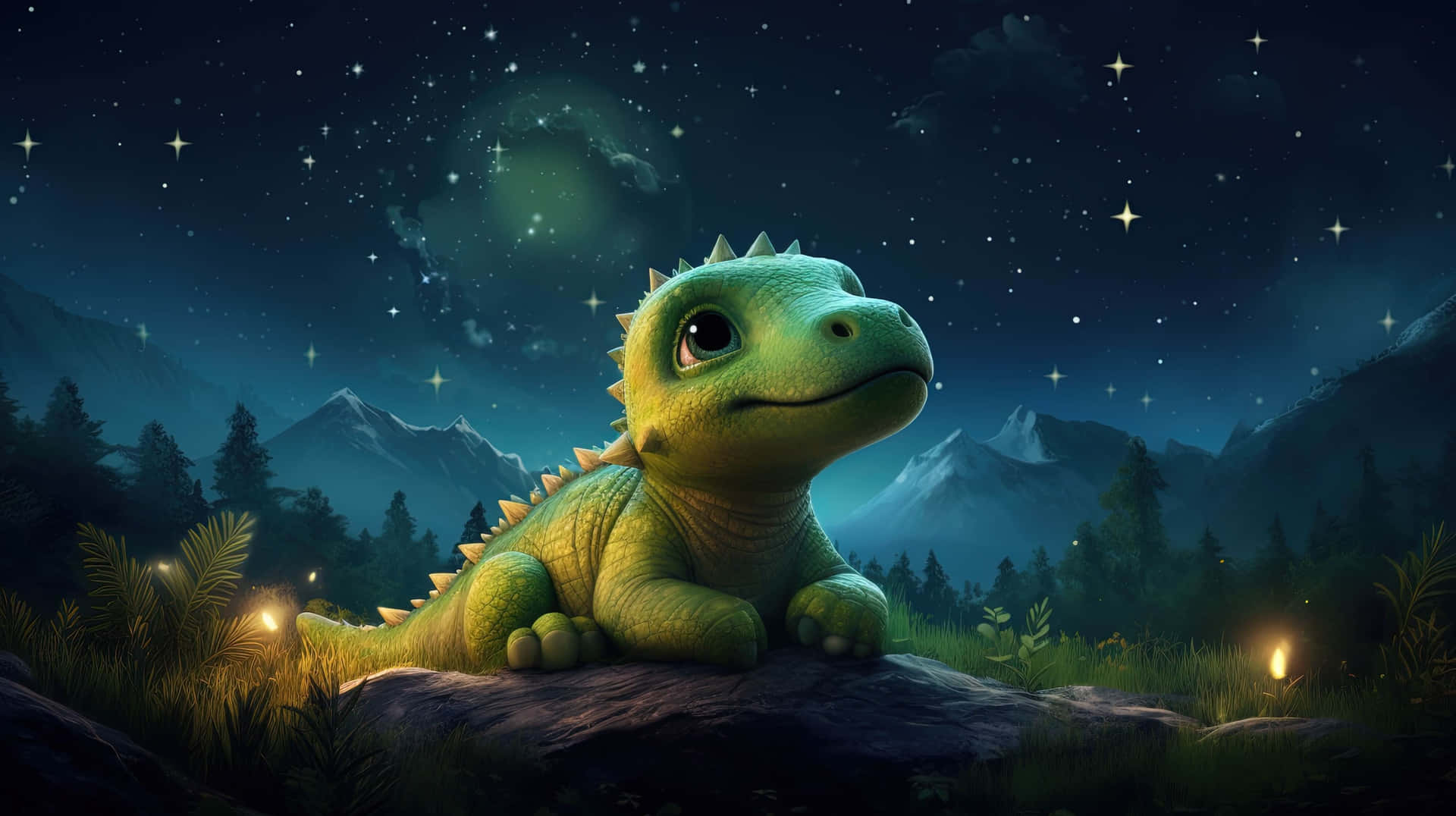  壁紙 — 一隻可愛的綠色小恐龍在岩石上休息，背景是滿天星斗的夜空，有發光的螢火蟲和遠山。