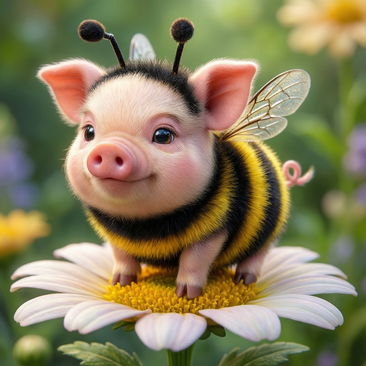 Pig Bee Costume 壁紙 — 一隻可愛的小豬帶有蜜蜂條紋和翅膀，棲息在陽光花園中的白色雛菊上。