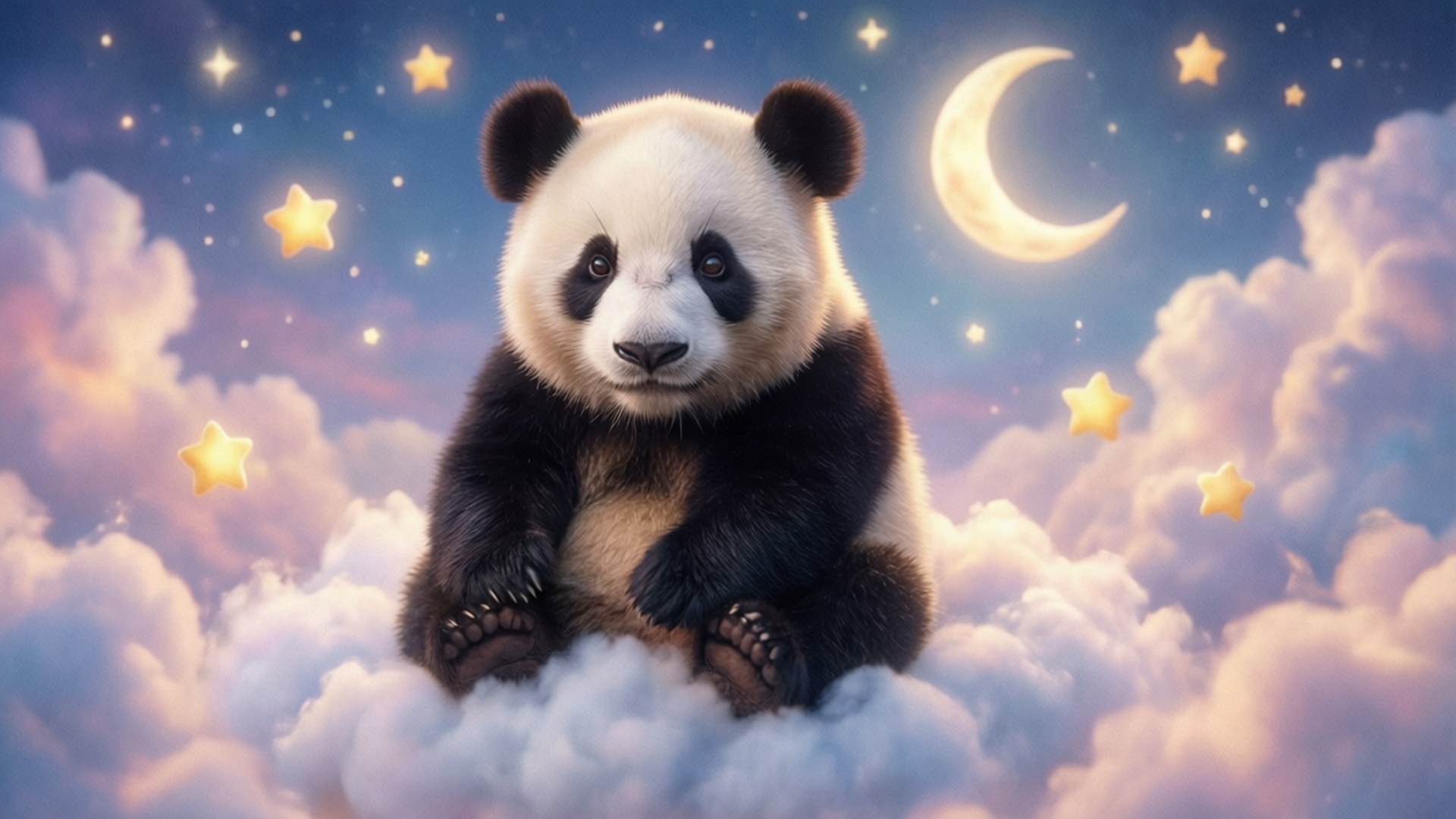 Panda on a Cloud 壁紙 — 一隻可愛的熊貓坐在蓬鬆的雲朵上，下方是新月和閃爍的星星，構成夢幻的夜空。