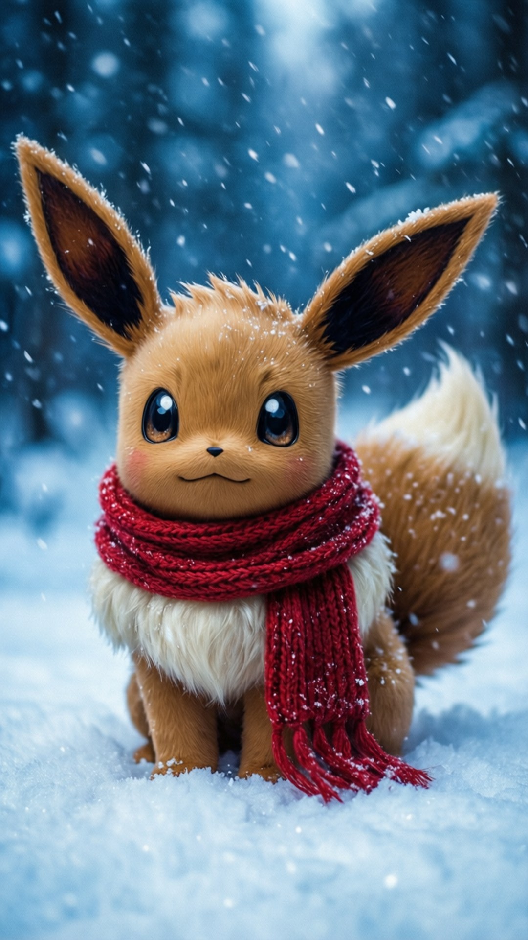 Winter Eevee Scarf 壁紙 — 一隻可愛的棕色伊布，有大耳朵，坐在雪地裡，戴著紅色針織圍巾，雪花在周圍飄落。