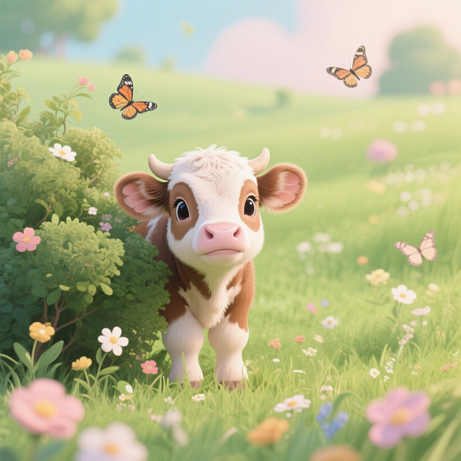 Curious Ox Calf 壁紙 — 一隻可愛的棕白相間小牛從綠色灌木叢後探出頭來，身處陽光明媚的草地，點綴著色彩繽紛的花朵和翩翩起舞的蝴蝶。