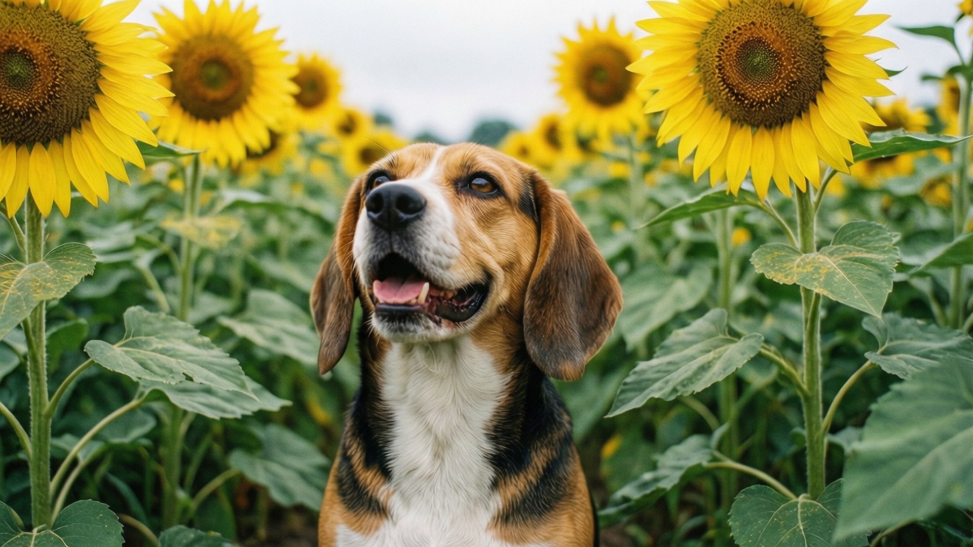 Sunflower Beagle 壁紙 — 一隻快樂的比格犬垂著耳朵，坐在高聳的向日葵中，天空多雲。