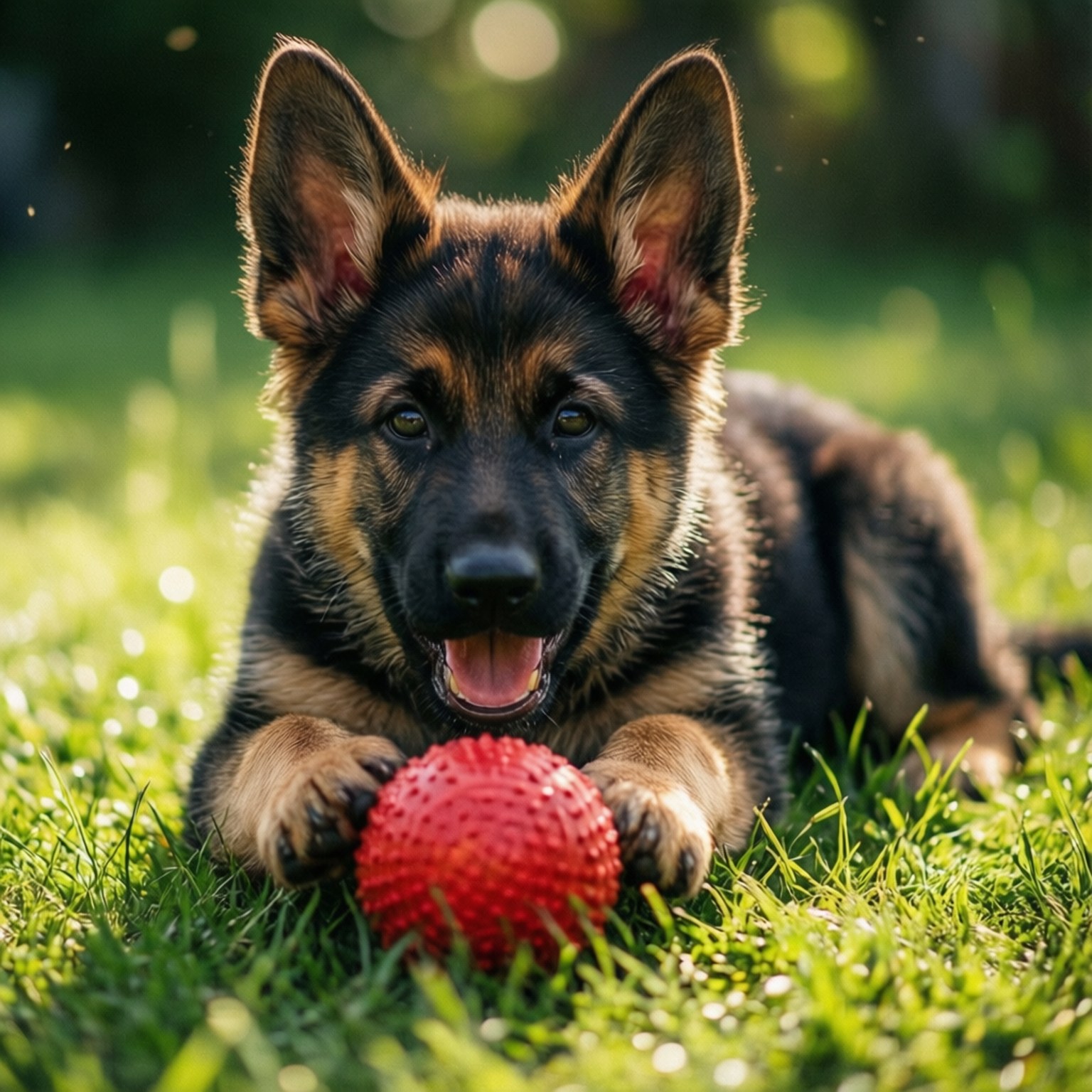 Playful Puppy 壁紙 — 一隻快樂的德國牧羊犬幼犬躺在充滿活力的綠色草地上，用爪子抓著一個鮮紅色的紋理球，舌頭伸出。