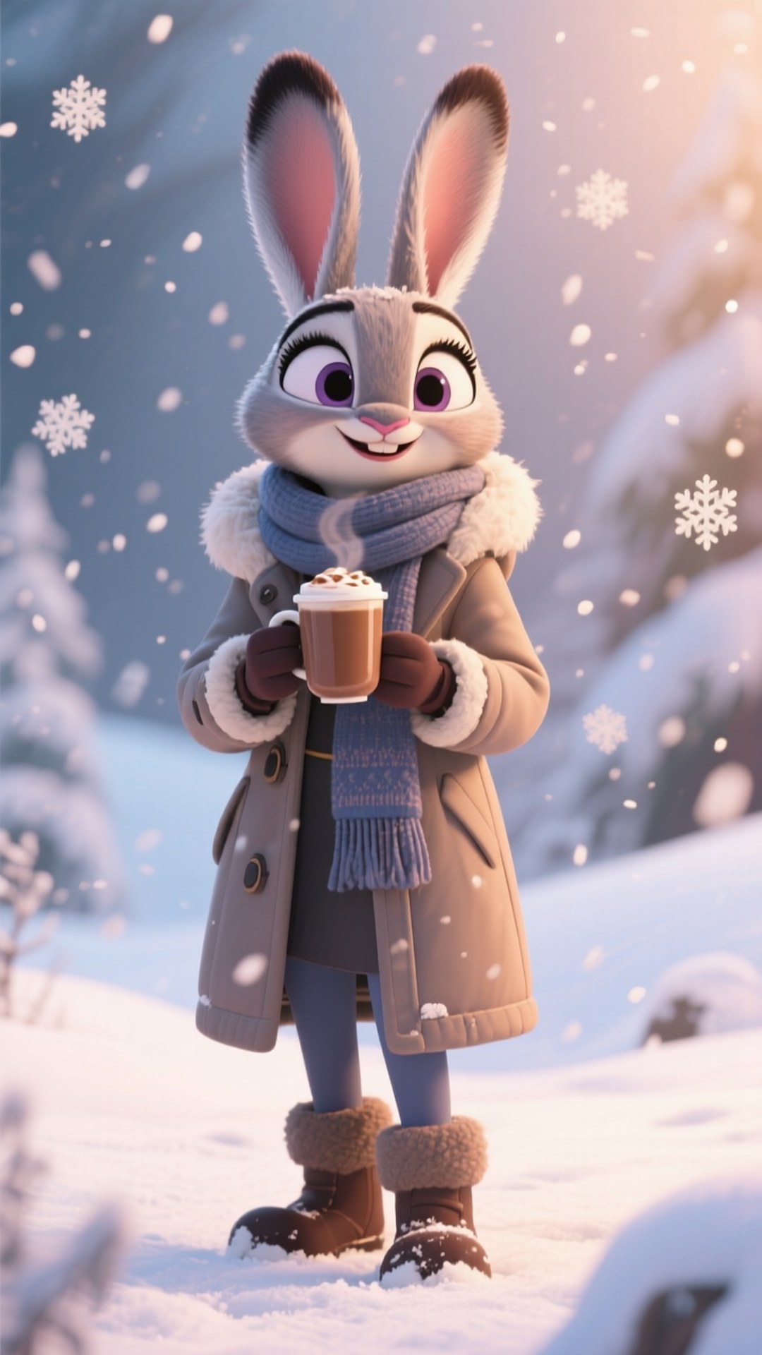 Winter Cozy 壁紙 — 一隻快樂的動畫兔子穿著冬季外套和圍巾，在雪森林中雪花飄落時，拿著一杯冒著熱氣的熱可可。