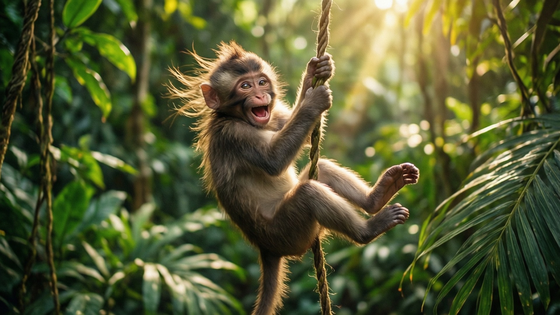 Swinging Monkey Adventure 壁紙 — 一隻快樂的猴子在陽光明媚的叢林中，在充滿活力的綠色樹葉和斑駁的光線中盪著繩索。