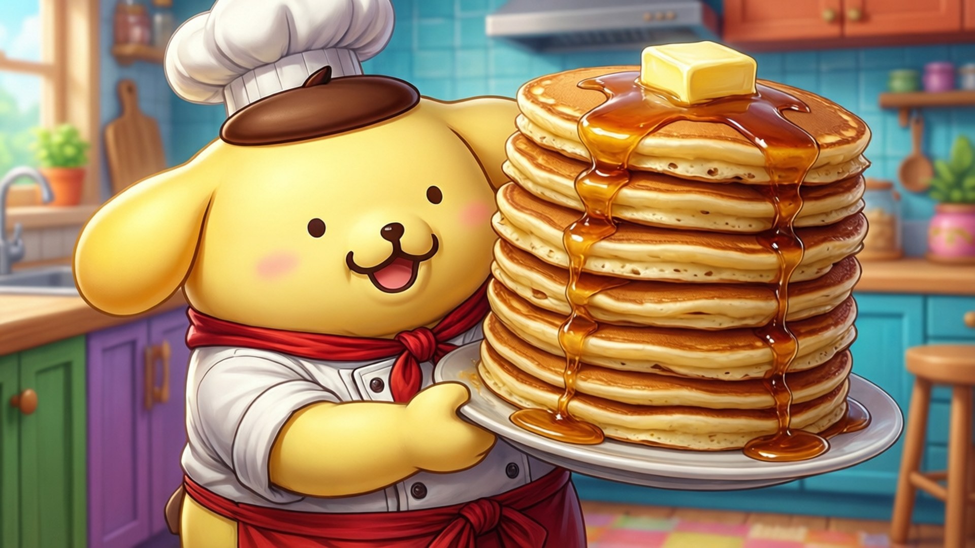 Pancake Chef Pompompurin 壁紙 — 一隻快樂的黃色卡通狗廚師自豪地在色彩繽紛的廚房裡展示了一疊高高的金黃色煎餅，淋滿糖漿並配上奶油。