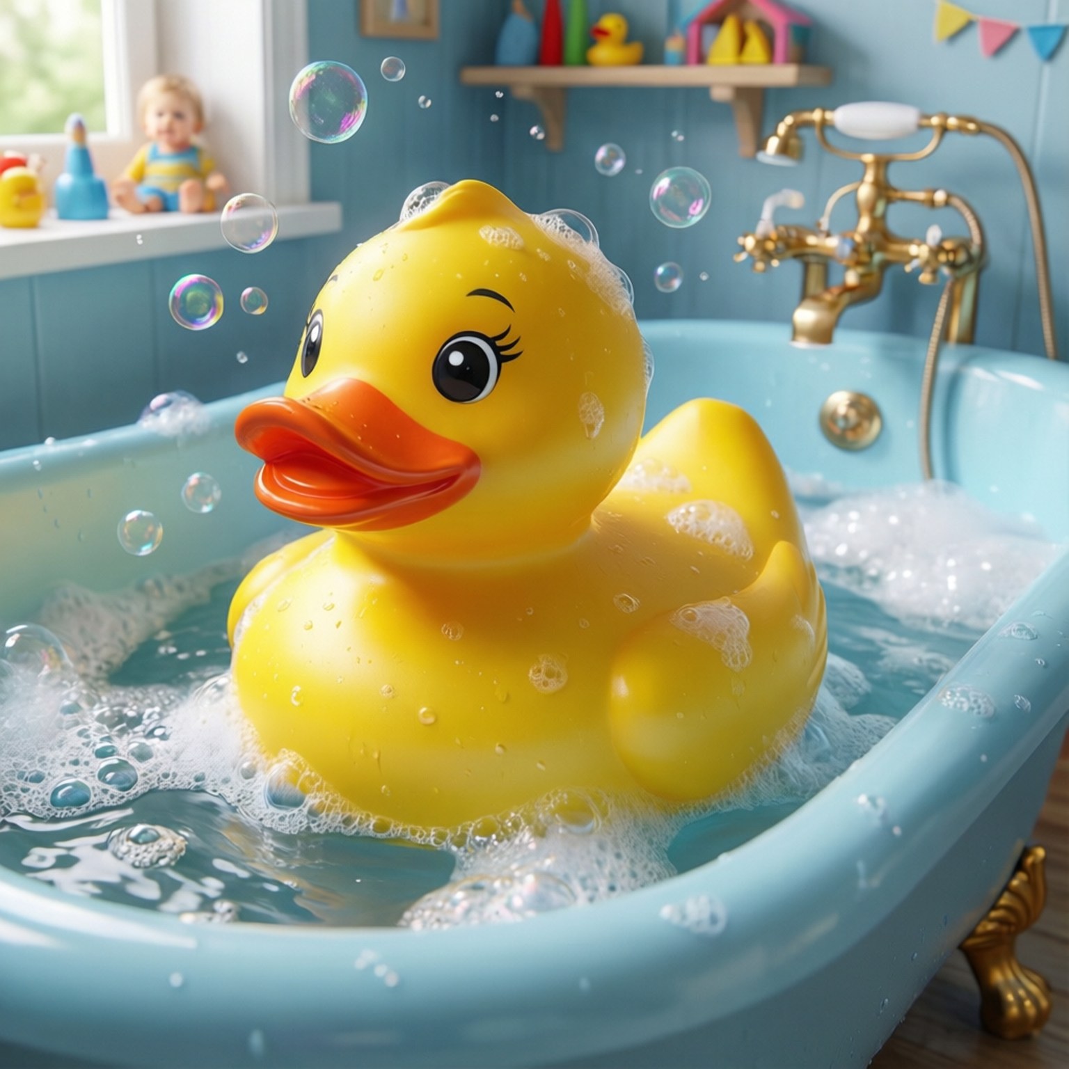 Rubber Duck Bath 壁紙 — 一隻快樂的黃色橡膠鴨子，有睫毛，漂浮在肥皂泡藍色浴缸中，周圍有泡泡和復古黃銅配件。