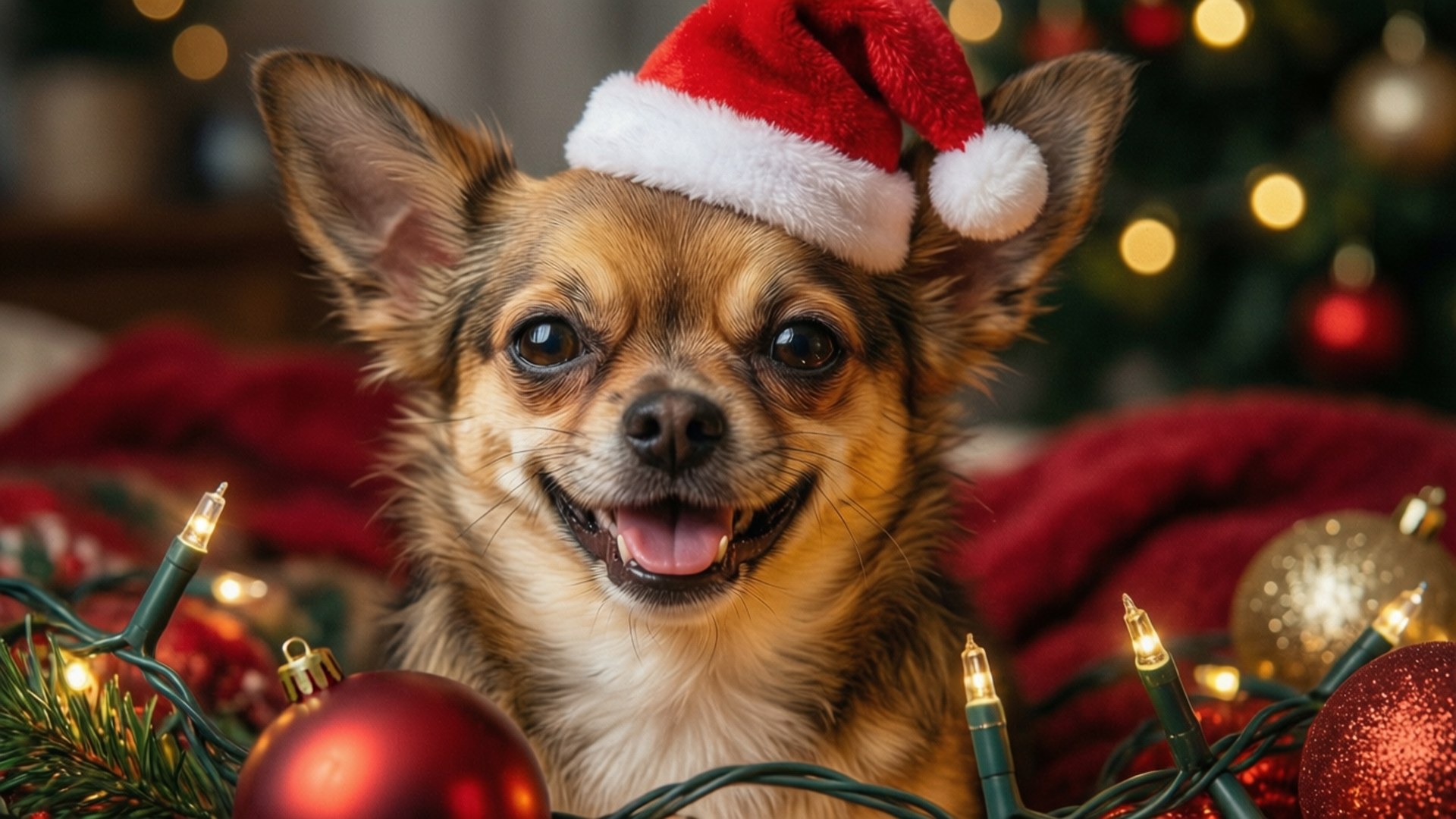 Christmas Chihuahua Cheer 壁紙 — 一隻快樂的吉娃娃戴著紅色聖誕帽，在閃爍的聖誕燈飾和裝飾品中微笑。