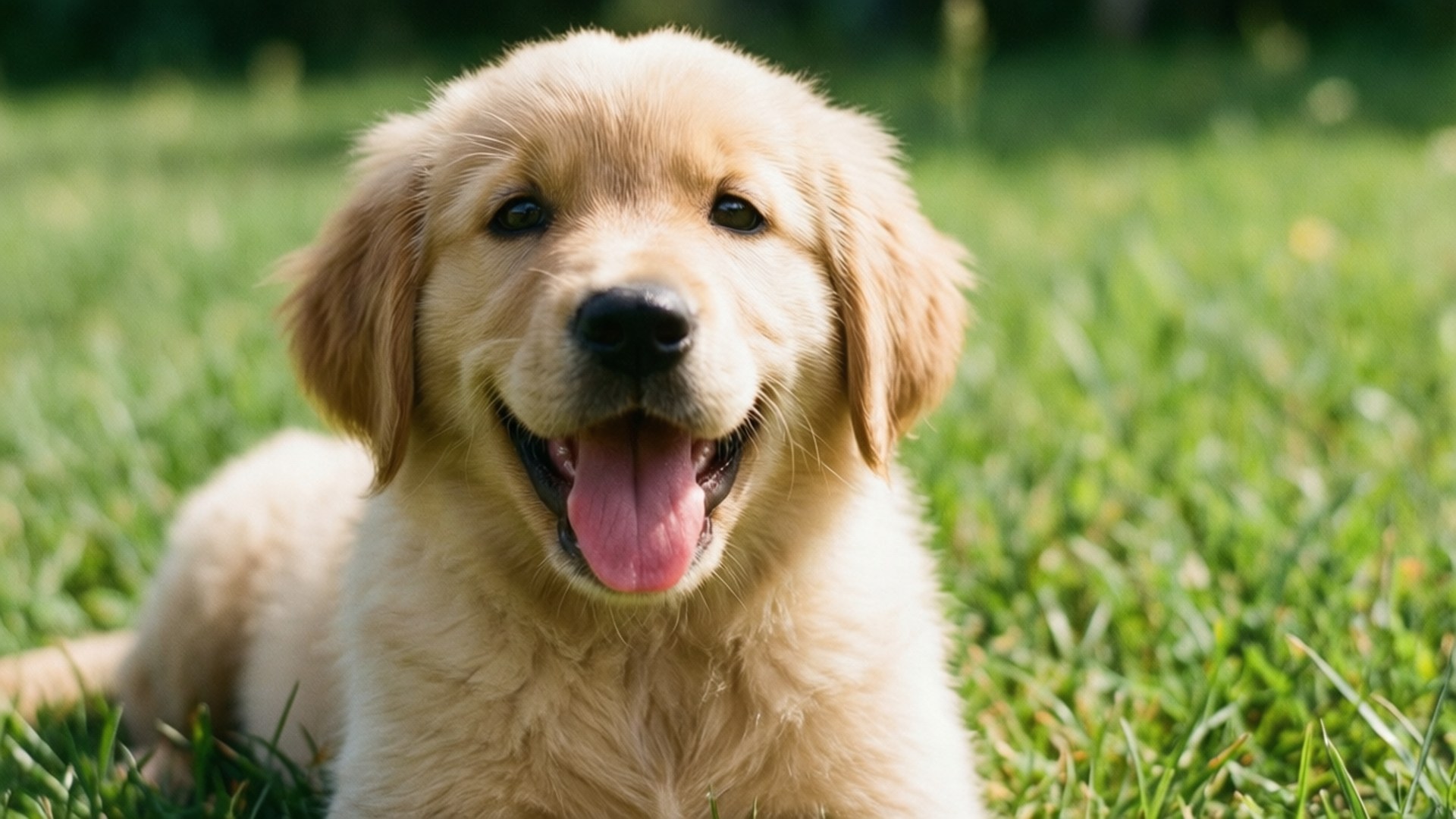 Puppy's Joyful Smile 壁紙 — 一隻快樂的金毛尋回犬幼犬，有著下垂的耳朵和粉紅色的舌頭，在明亮的陽光下開心地坐在充滿活力的綠色草地上。