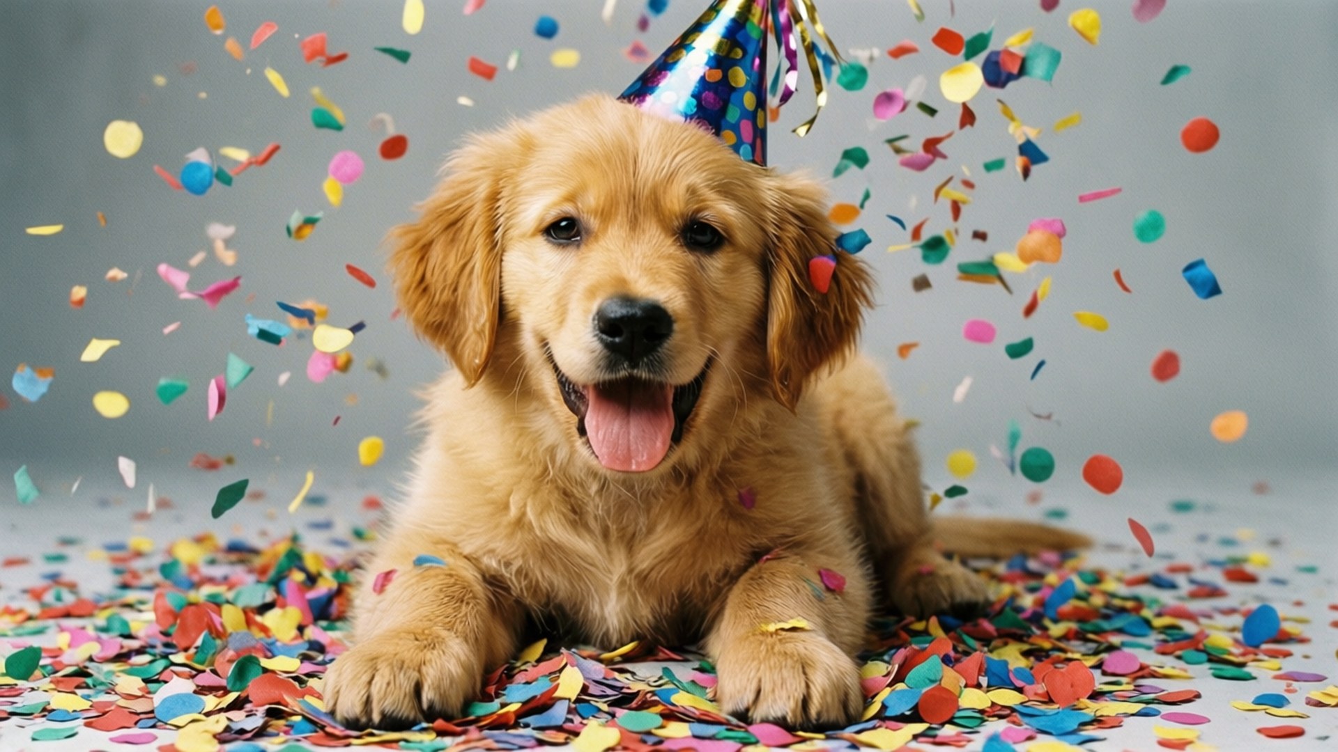 Puppy Party Friday 壁紙 — 一隻快樂的金毛尋回犬幼犬戴著派對帽，坐在飄落和散落的彩色紙屑中。