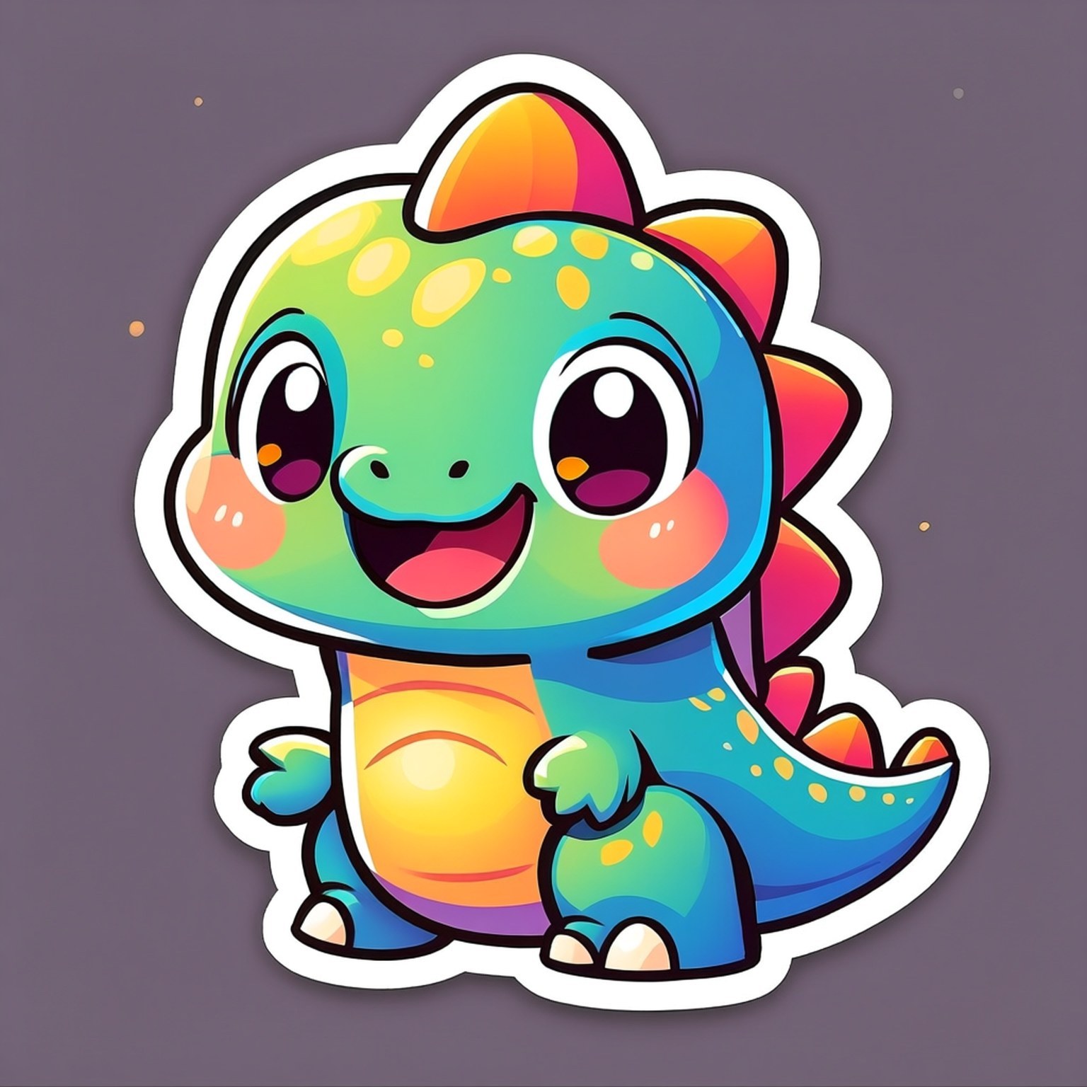 Kawaii Dino 壁紙 — 一隻快樂的卡通恐龍，帶有彩虹鱗片和微笑的臉，坐在柔和的紫色背景前。