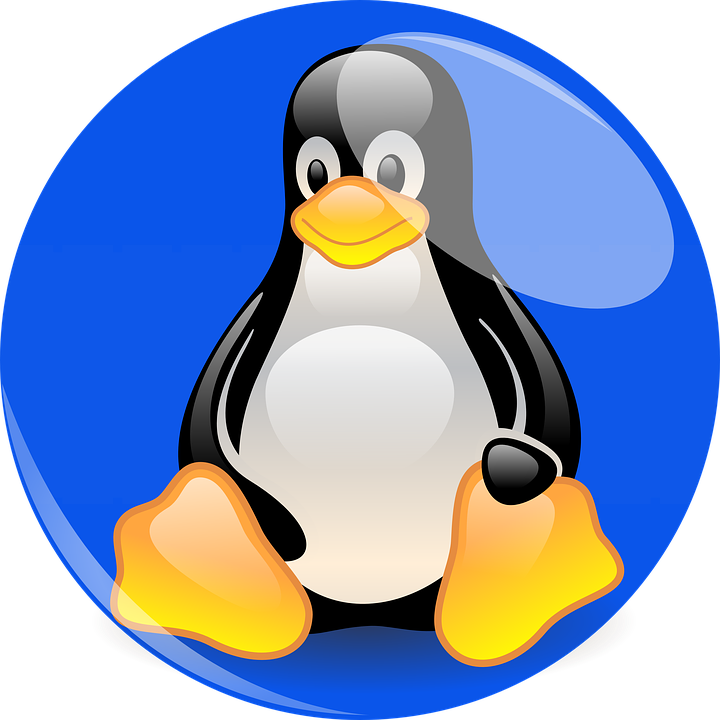 一隻有橙色喙和腳的卡通企鵝在藍色圓圈內。 — Linux 壁紙