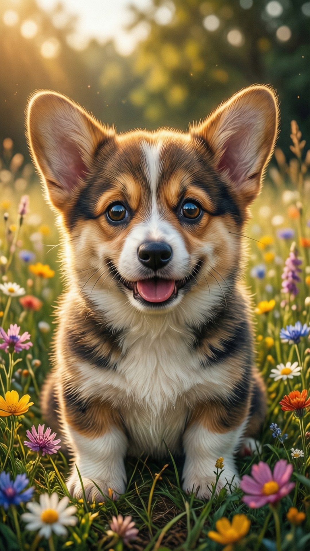 720x1600 桌布 壁紙 — 一隻快樂的柯基幼犬，有大眼睛和粉紅色舌頭，愉快地坐在充滿色彩繽紛野花的陽光草地上。