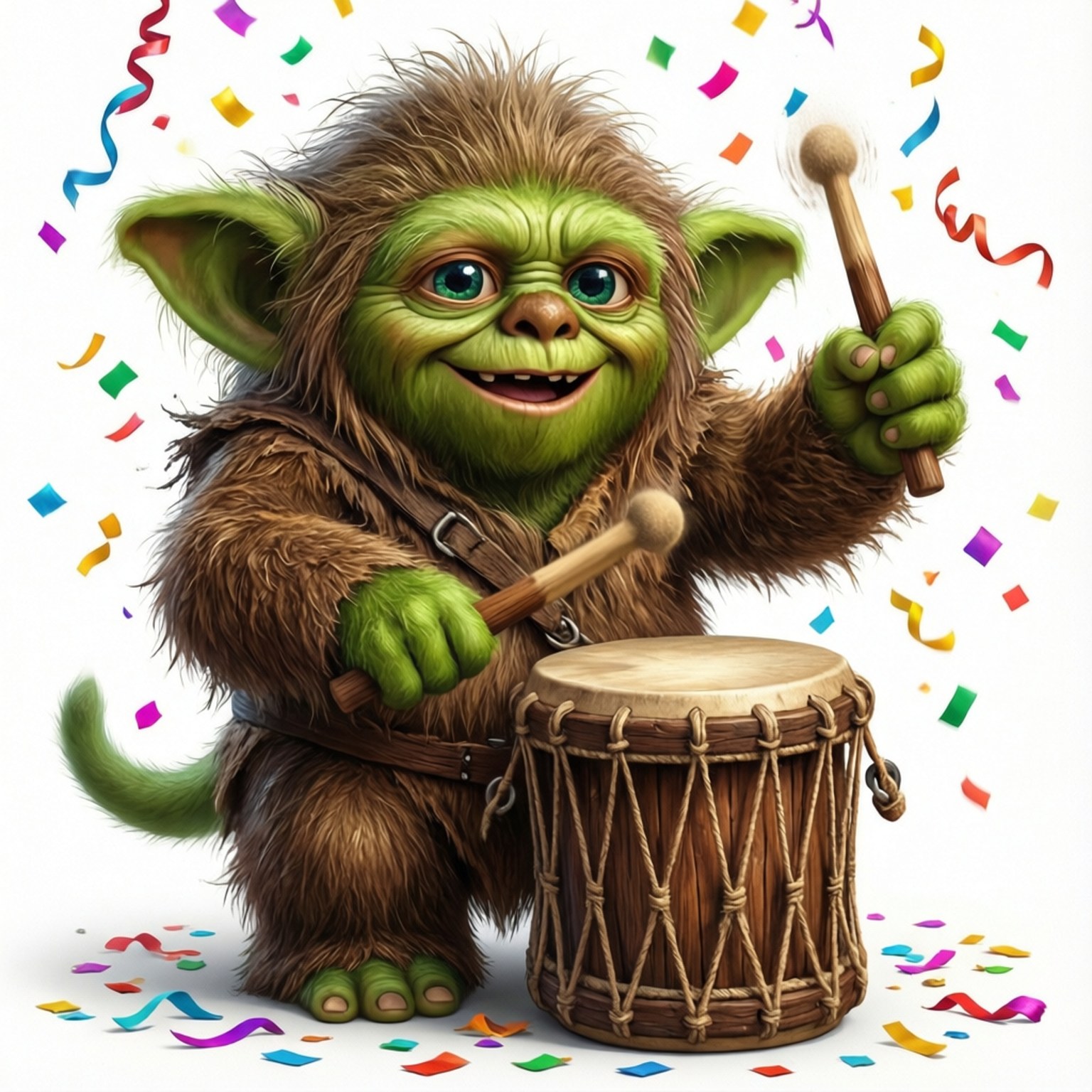 Ewok with Drum 壁紙 — 一隻快樂的綠色毛茸茸生物在飄落的五彩紙屑中歡快地敲打木鼓。