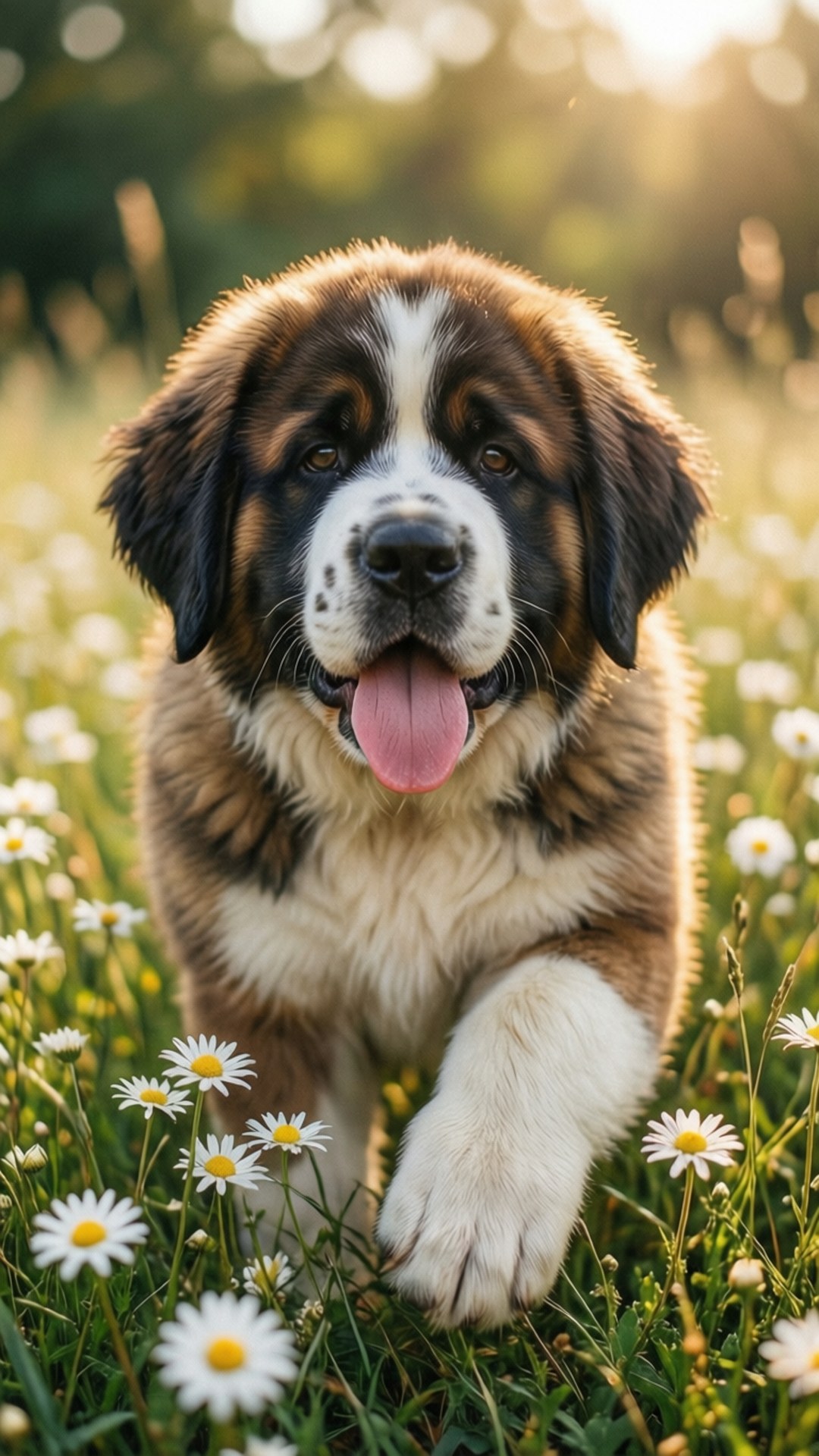 Saint Bernard Puppy Playtime 壁紙 — 一隻快樂的聖伯納幼犬伸出粉紅色舌頭，在陽光明媚的雛菊花田裡奔跑。