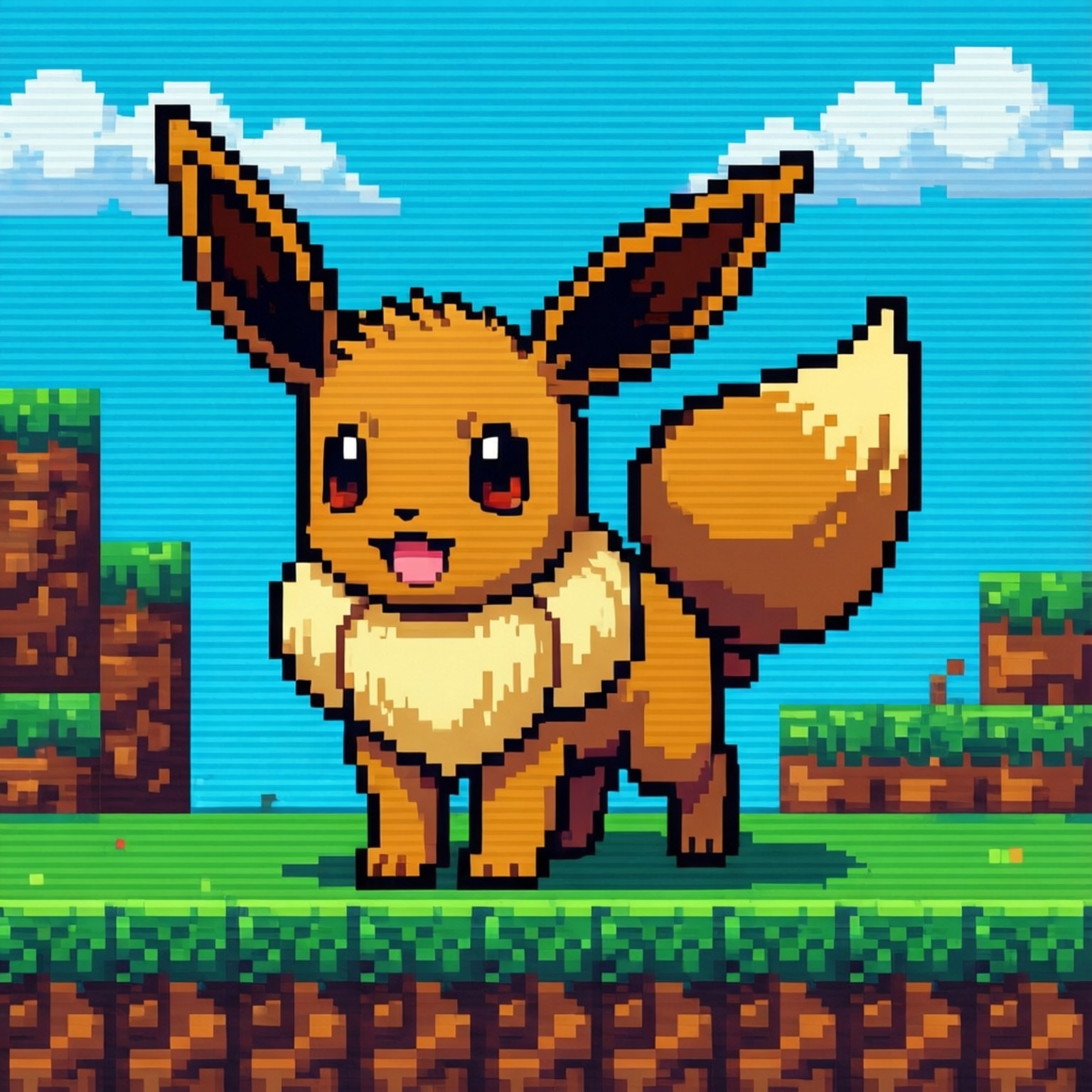 Pixel Art Eevee 壁紙 — 一隻快樂的像素伊布站在草地塊上，在明亮的藍天和蓬鬆的白雲下。