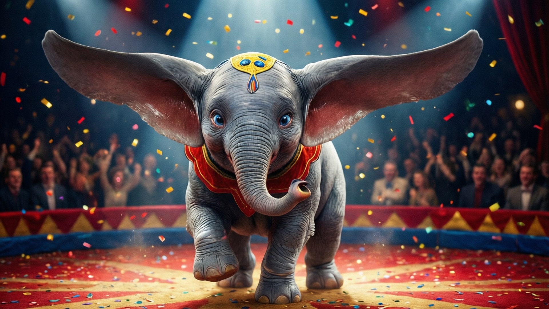 Circus Star Spotlight 壁紙 — 一隻快樂的小象在馬戲團場地中，在明亮的聚光燈下拋灑五彩紙屑，紅色帷幕後有歡呼的人群。