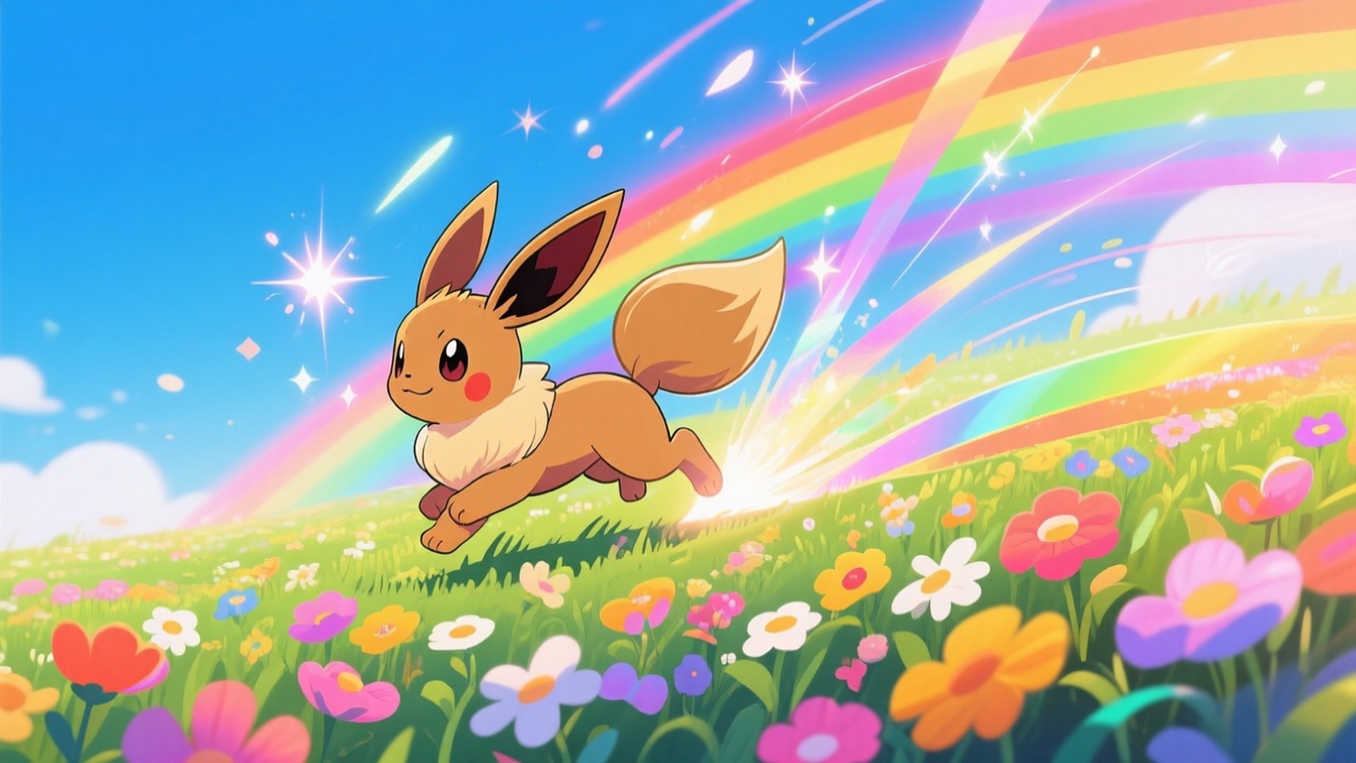 Rainbow Eevee Run 壁紙 — 一隻快樂的伊布跳過充滿色彩繽紛花朵的活力草地，在明亮的藍天下，有鮮豔的彩虹和閃爍的星星。